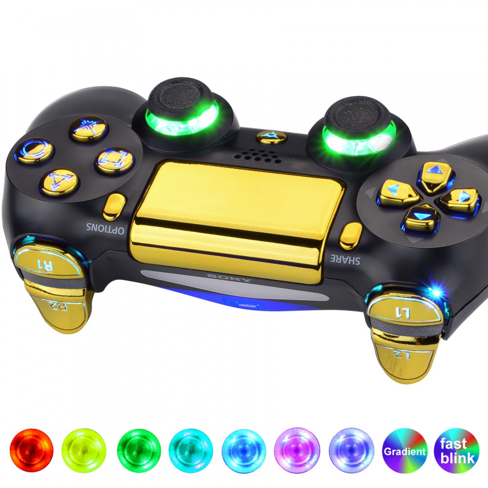 eXtremeRate Retail Multi-Colors Luminated D-pad Thumbstick Trigger Home Face Buttons, Chrome Gold Classical Symbols Buttons DTFS (DTF 2.0) LED Kit for ps4 Slim ps4 Pro Controller - Controller NOT Included - P4LED06
