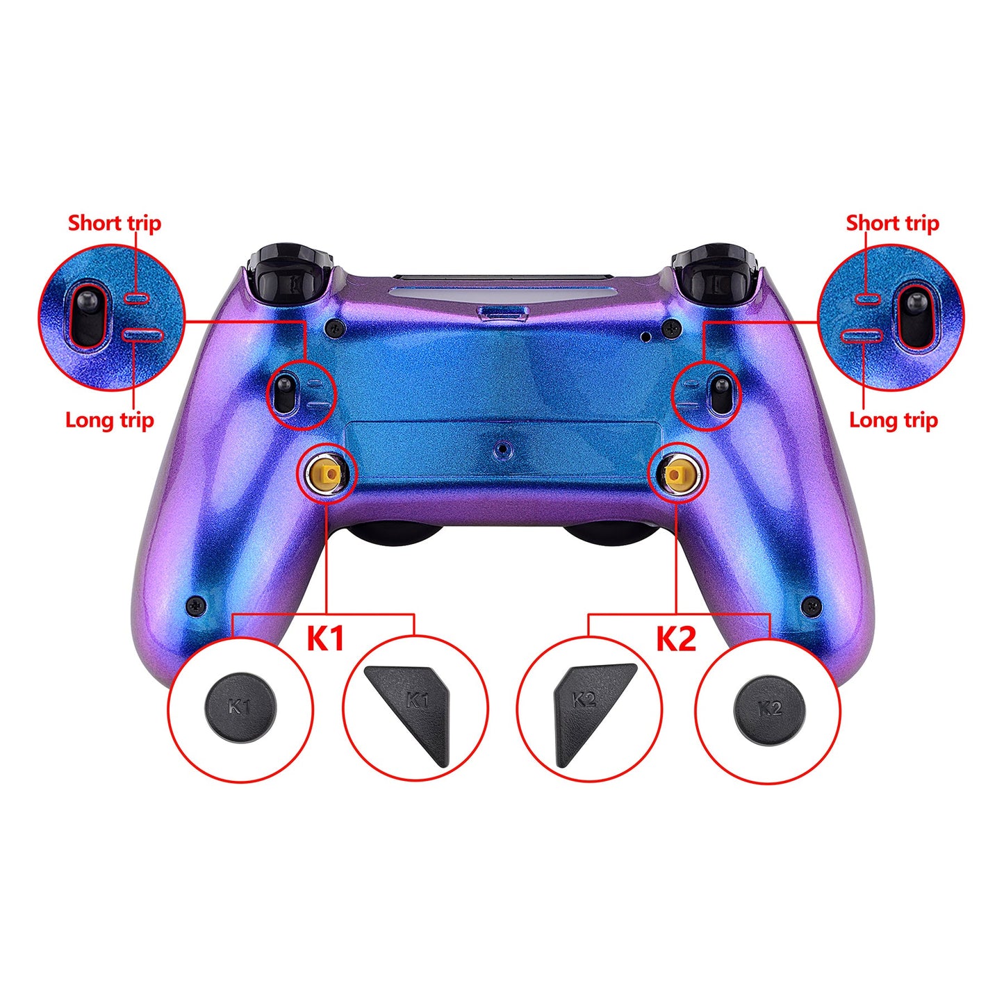 eXtremeRate Retail Chameleon Purple Blue Dawn 2.0 FlashShot Trigger Stop Remap Kit for ps4 CUH-ZCT2 Controller, Part & Back Shell & 2 Back Buttons & 2 Trigger Lock for ps4 Controller JDM 040/050/055 - P4QS006