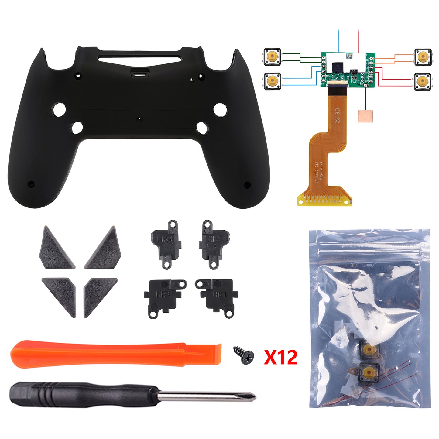eXtremeRate Retail Soft Touch Black Dawn Remappable Remap Kit with Redesigned Back Shell & 4 Back Buttons for ps4 Controller JDM 040/050/055 - P4RM011