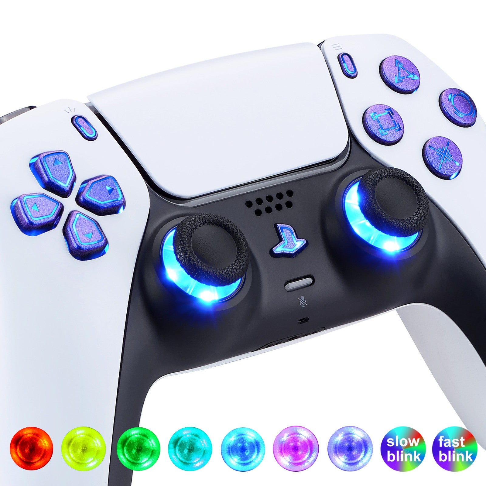 eXtremeRate Retail Multi-Colors Luminated Dpad Thumbstick Share Home Face Buttons for PS5 Controller, Chameleon Purple Blue Classical Symbols Buttons DTF V3 LED Kit for PS5 Controller - Controller NOT Included - PFLED04G2