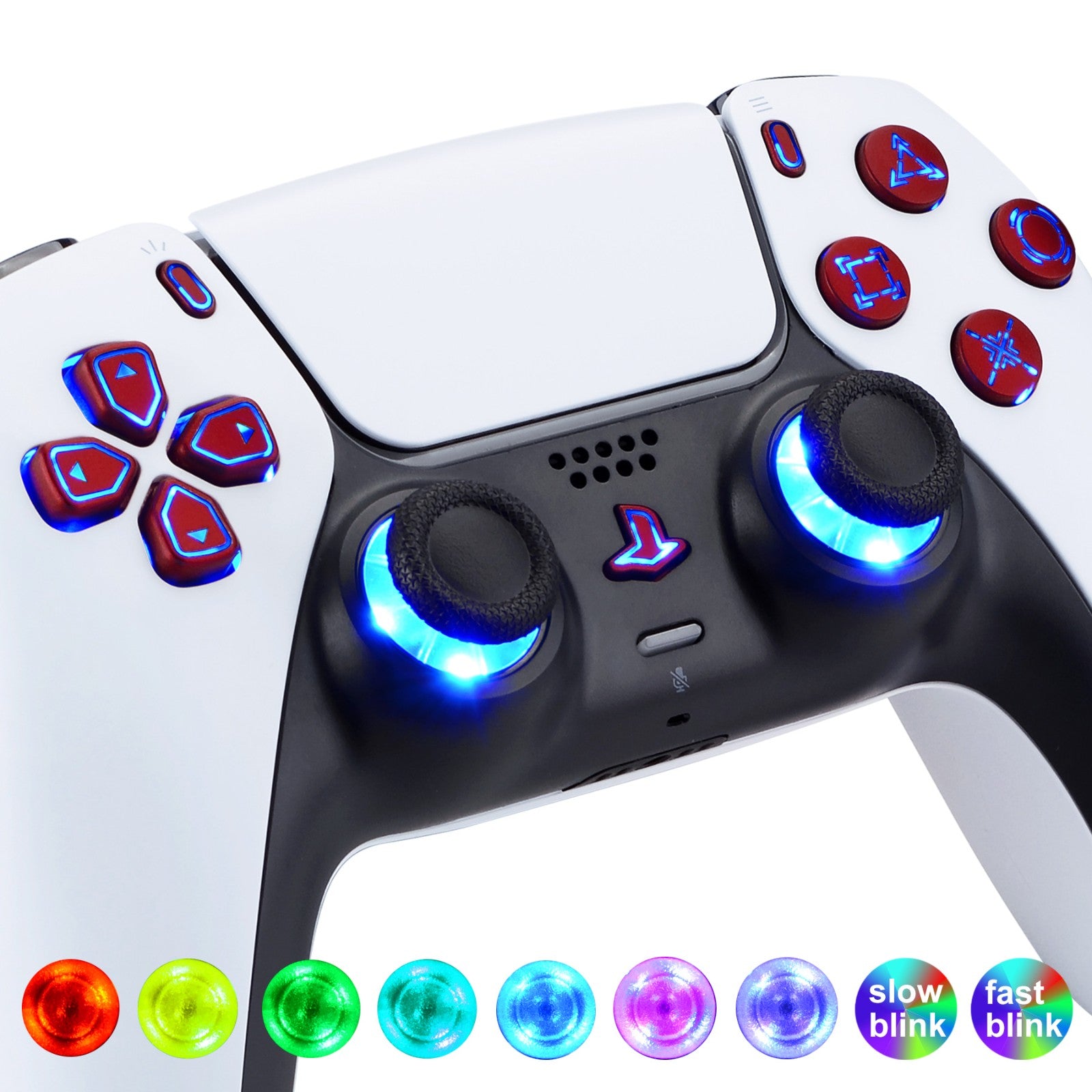 eXtremeRate Retail Multi-Colors Luminated Dpad Thumbstick Share Home Face Buttons for PS5 Controller, Scarlet Red Classical Symbols Buttons DTF V3 LED Kit for PS5 Controller - Controller NOT Included - PFLED05G2