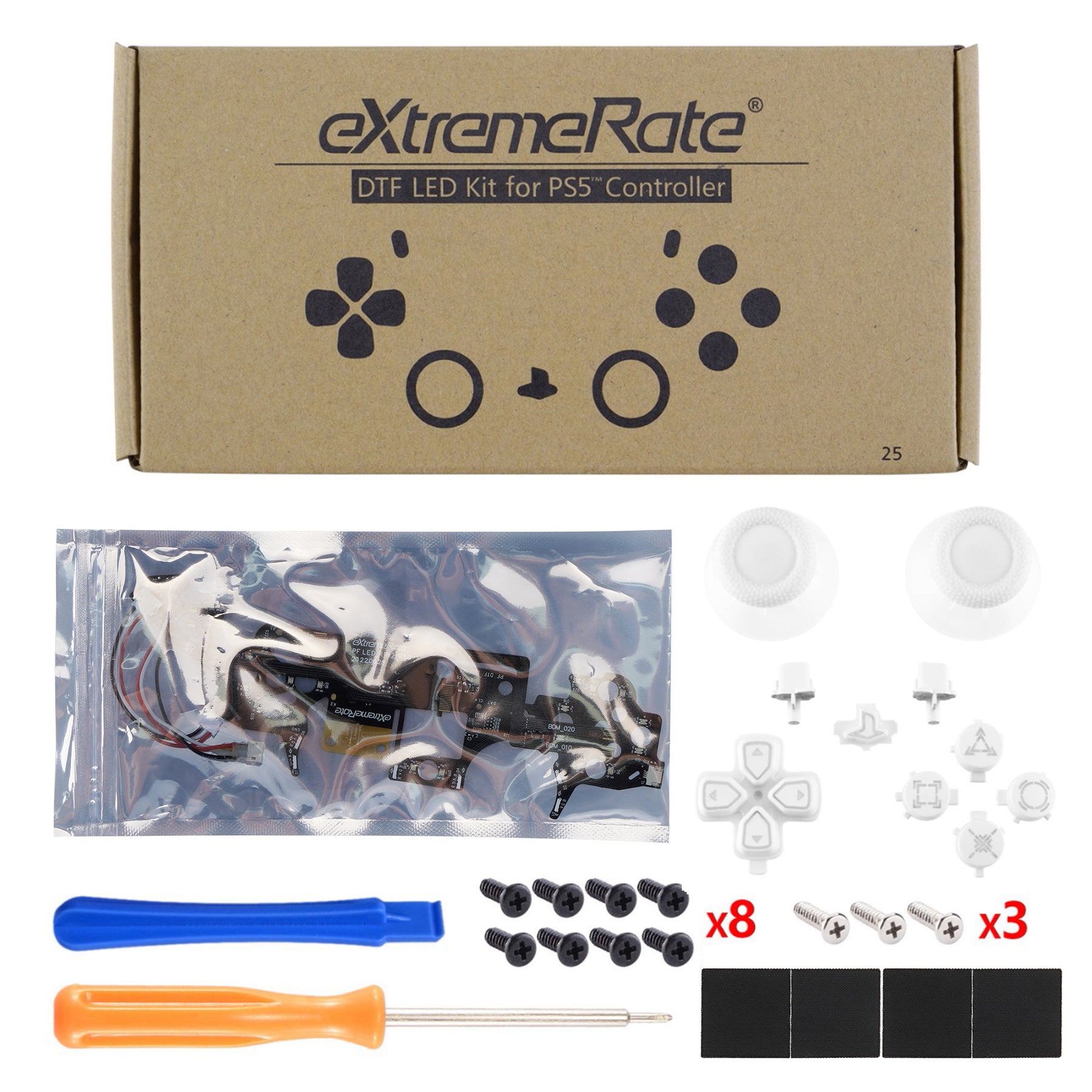 eXtremeRate Retail Multi-Colors Luminated Dpad Thumbstick Share Home Face Buttons for PS5 Controller, White Classical Symbols Buttons DTF V3 LED Kit for PS5 Controller - Controller NOT Included - PFLED06G2