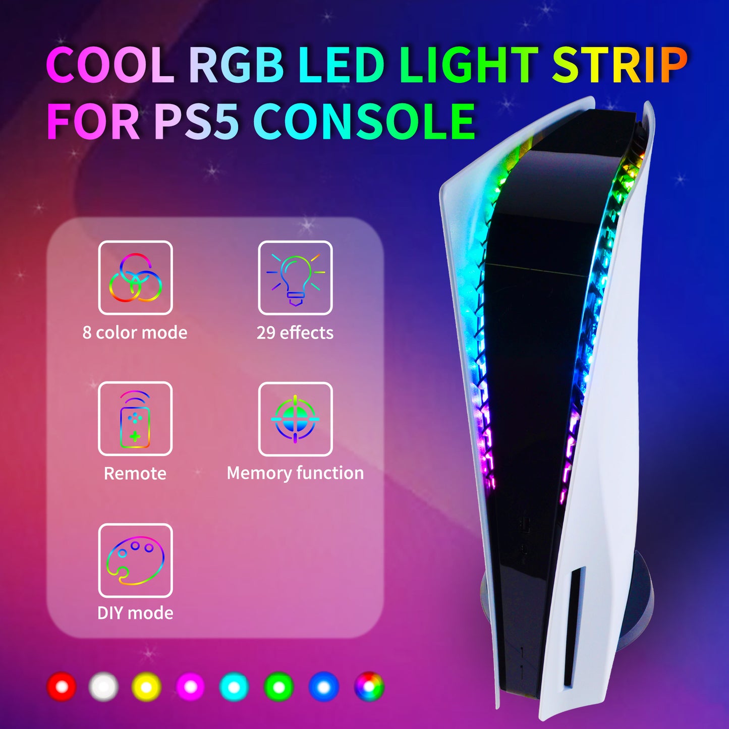 eXtremeRate Retail RGB LED Light Strip for PS5 Console, 7 Colors 29 Effects DIY Decoration Accessories Flexible Tape Lights Strips Kit for PS5 Console with IR Remote - PFLED09
