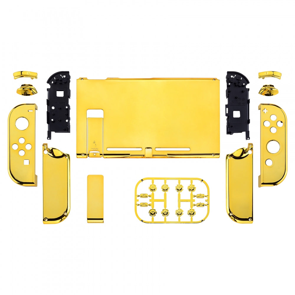 eXtremeRate Retail Chrome Gold Handheld Console Back Plate, Joycon Handheld Controller Housing Shell With Full Set Buttons DIY Replacement Part for Nintendo Switch - QD401