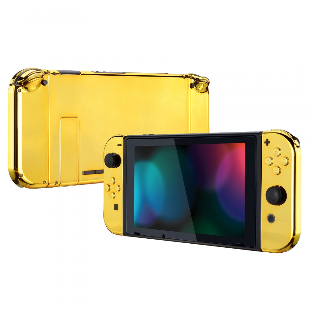 eXtremeRate Retail Chrome Gold Handheld Console Back Plate, Joycon Handheld Controller Housing Shell With Full Set Buttons DIY Replacement Part for Nintendo Switch - QD401