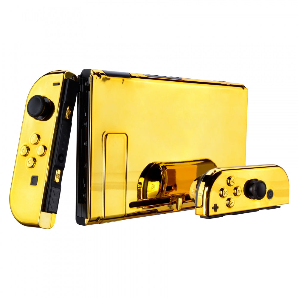 eXtremeRate Retail Chrome Gold Handheld Console Back Plate, Joycon Handheld Controller Housing Shell With Full Set Buttons DIY Replacement Part for Nintendo Switch - QD401