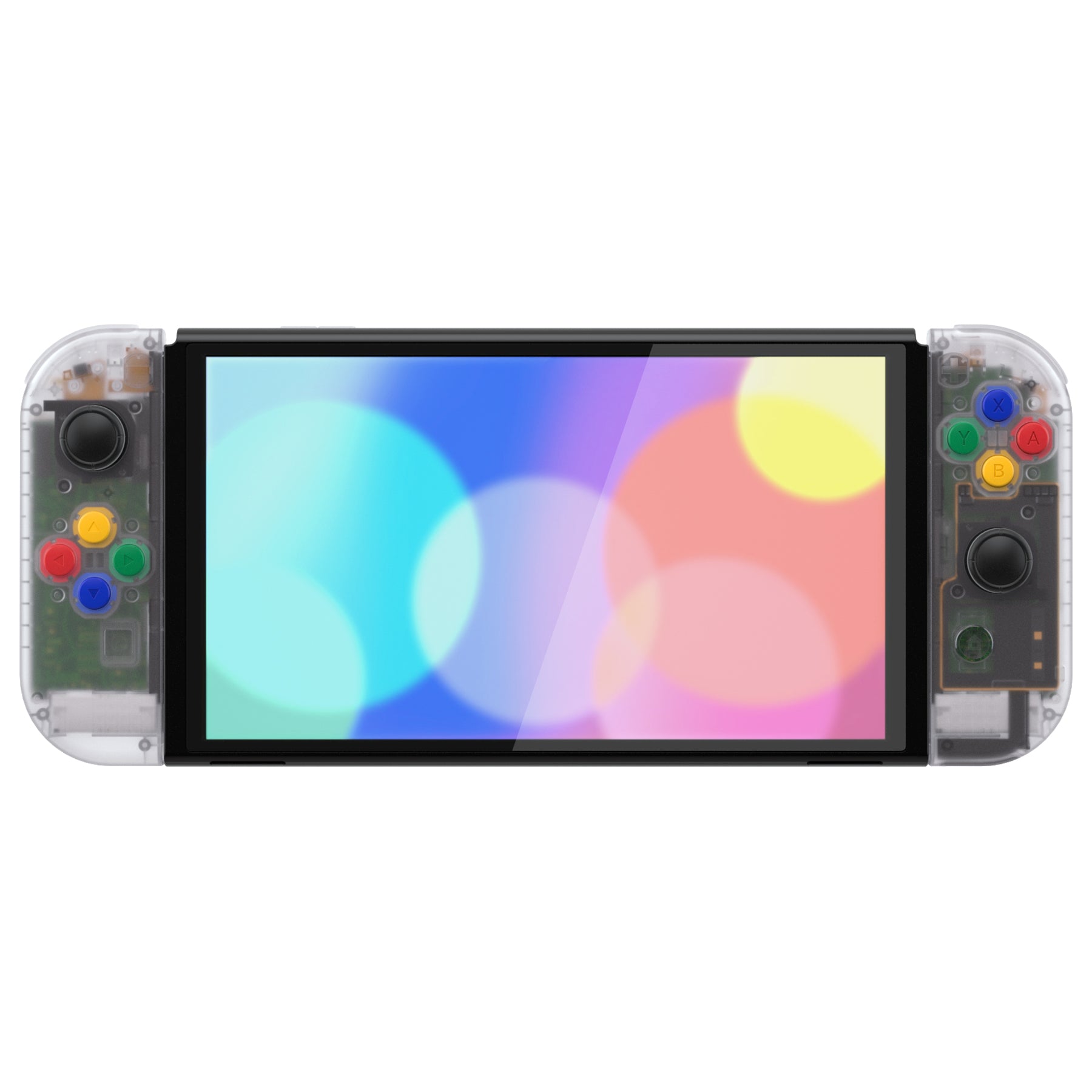 eXtremeRate Retail Clear Custom Full Set Shell for Nintendo Switch OLED, DIY Replacement Console Back Plate & Kickstand, NS Joycon Handheld Controller Housing with Colorful Buttons for Nintendo Switch OLED - QNSOM5001