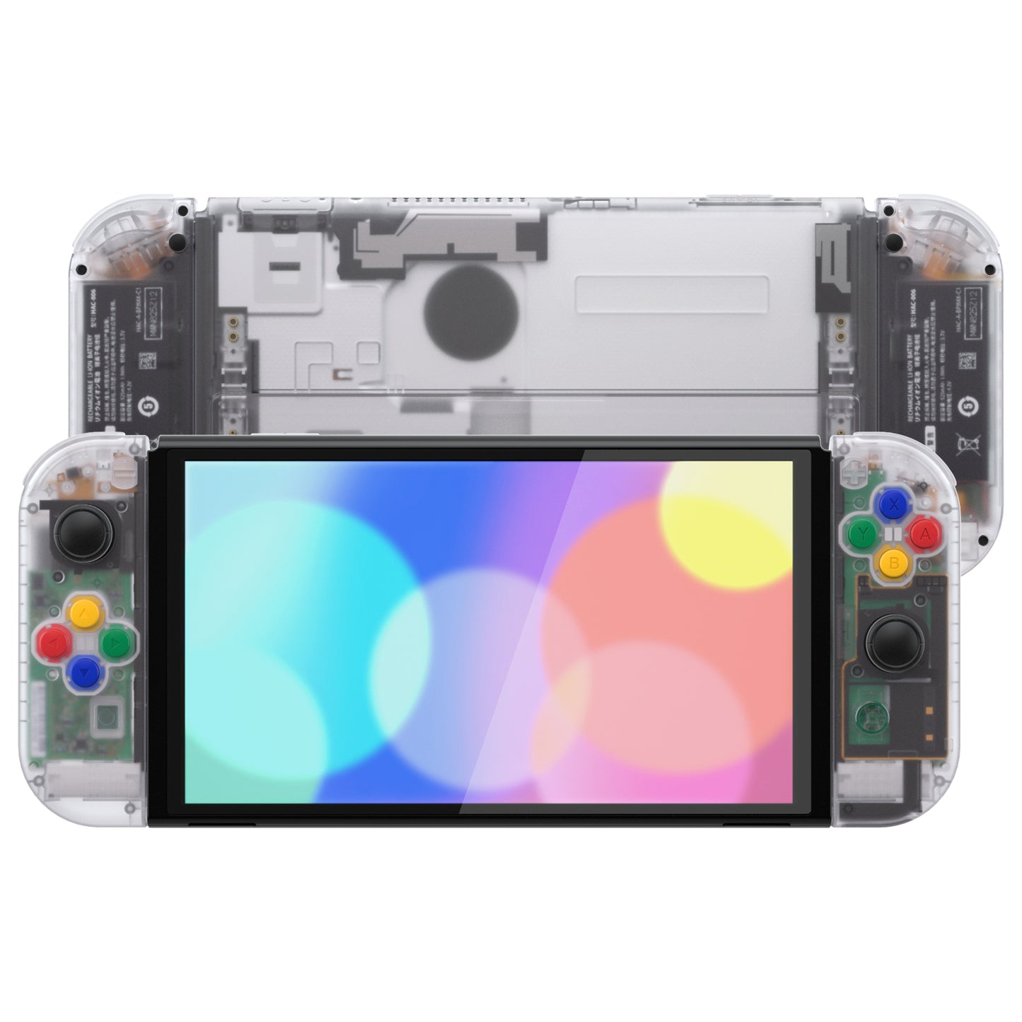eXtremeRate Retail Clear Custom Full Set Shell for Nintendo Switch OLED, DIY Replacement Console Back Plate & Kickstand, NS Joycon Handheld Controller Housing with Colorful Buttons for Nintendo Switch OLED - QNSOM5001