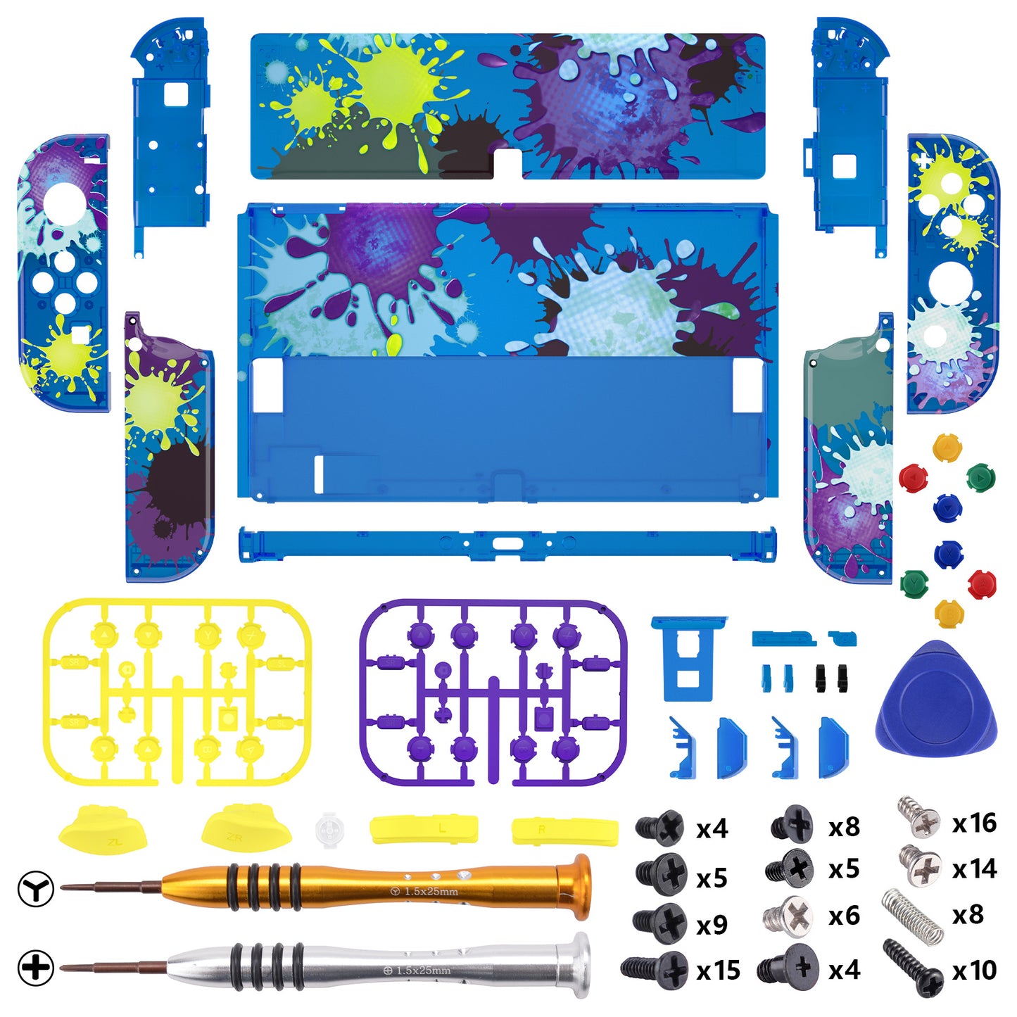eXtremeRate Retail Splattering Paint Full Set Shell for Nintendo Switch OLED, Replacement Console Back Plate & Kickstand, NS Joycon Handheld Controller Housing with Full Set Buttons for Nintendo Switch OLED - QNSOT001