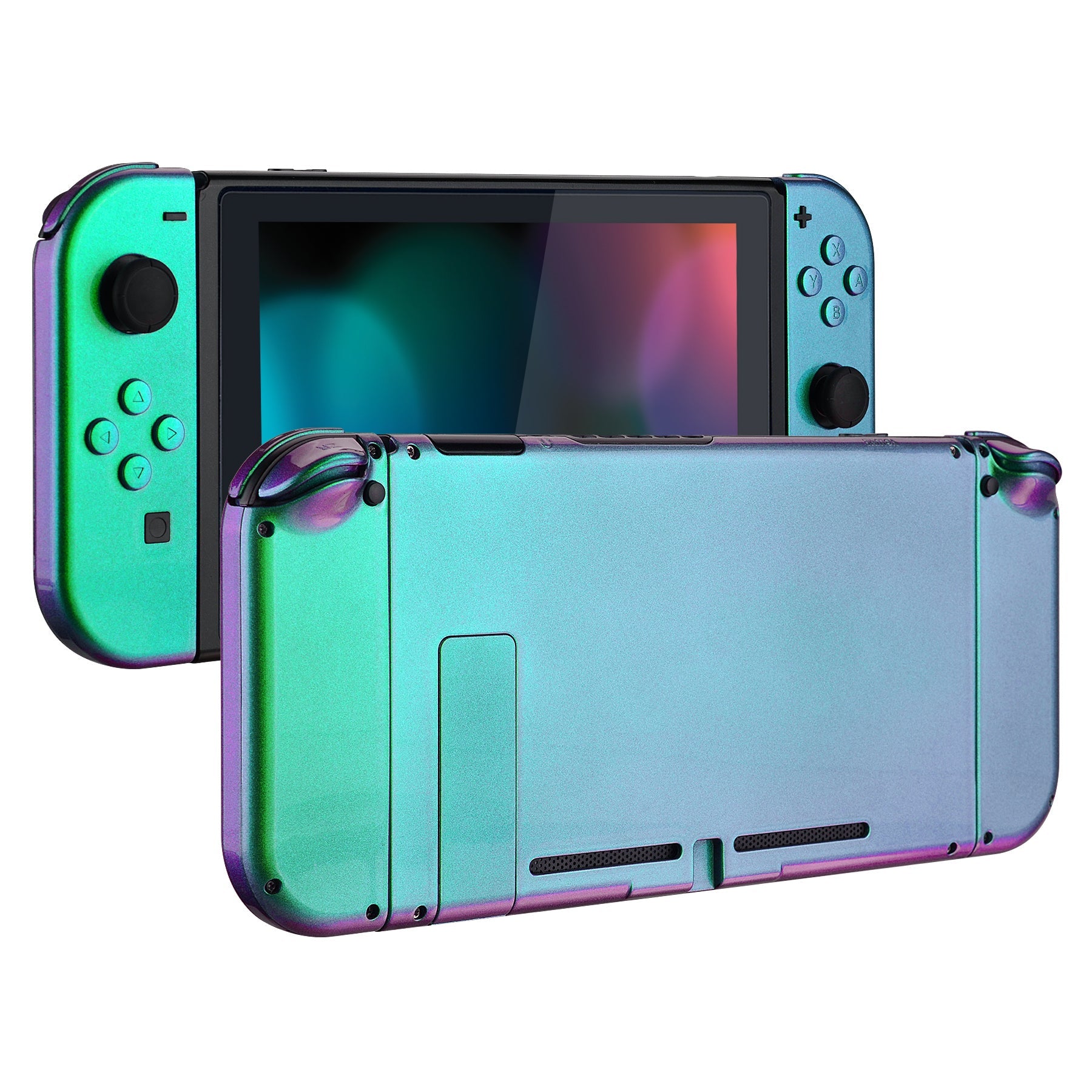 eXtremeRate Retail Glossy Back Plate for Nintendo Switch Console, NS Joycon Handheld Controller Housing with Full Set Buttons, DIY Replacement Shell for Nintendo Switch - Chameleon Green Purple - QP311