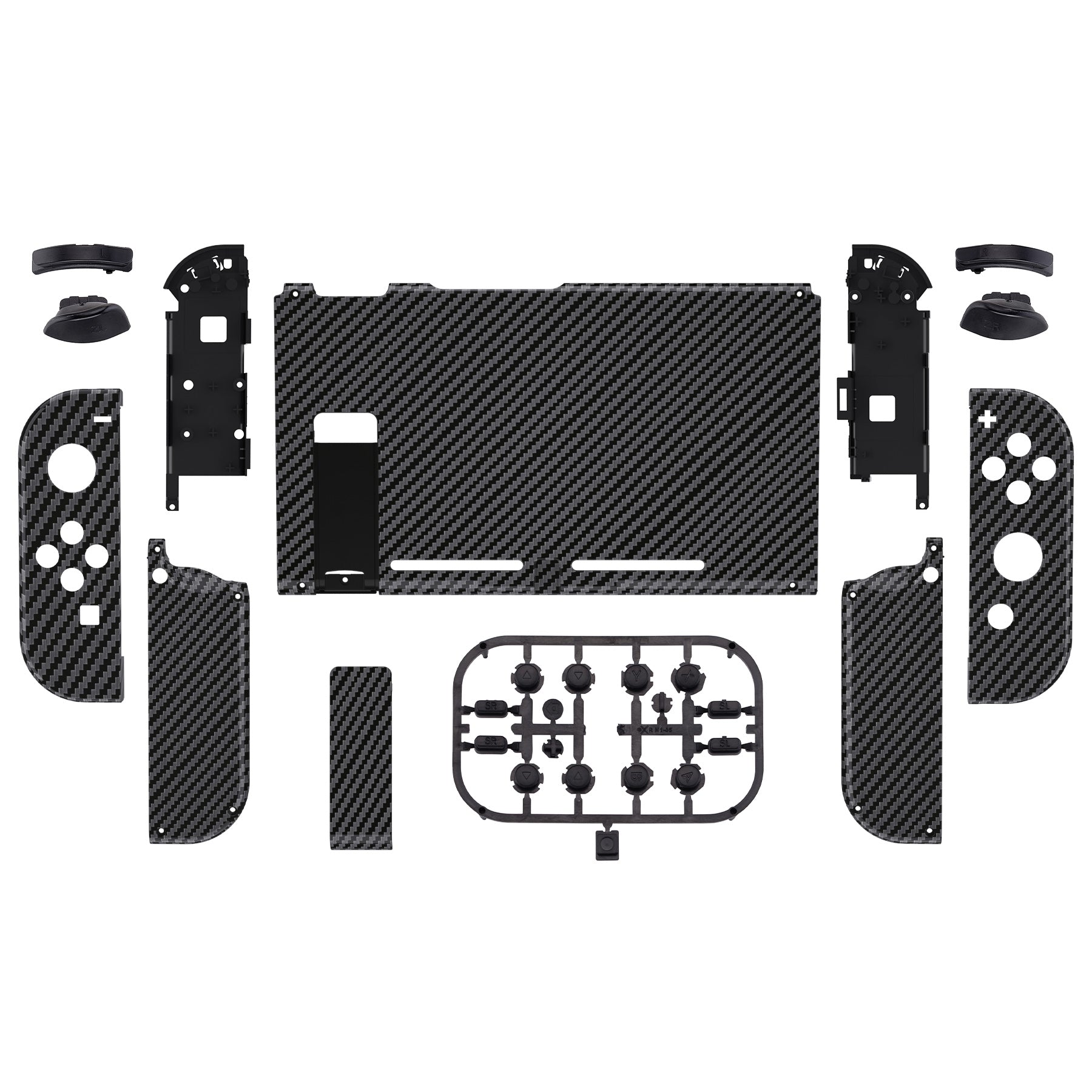 eXtremeRate Retail Soft Touch Grip Graphite Carbon Fiber Patterned Back Plate for Nintendo Switch Console, NS Joycon Handheld Controller Housing with Full Set Buttons, DIY Replacement Shell for Nintendo Switch- QS207