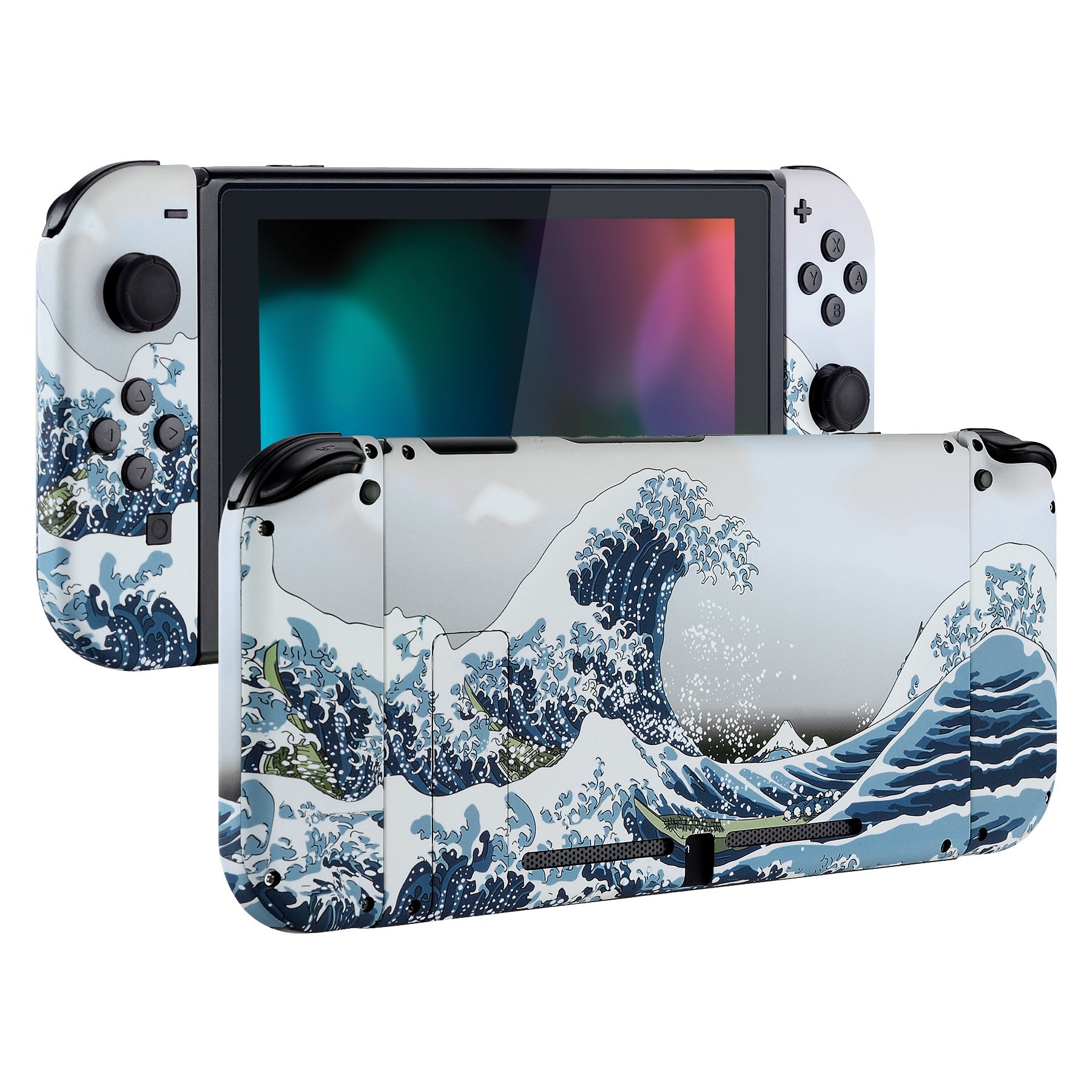 eXtremeRate Retail Soft Touch Grip The Great Wave Back Plate for Nintendo Switch Console, NS Joycon Handheld Controller Housing with Full Set Buttons, DIY Replacement Shell for Nintendo Switch - QT104