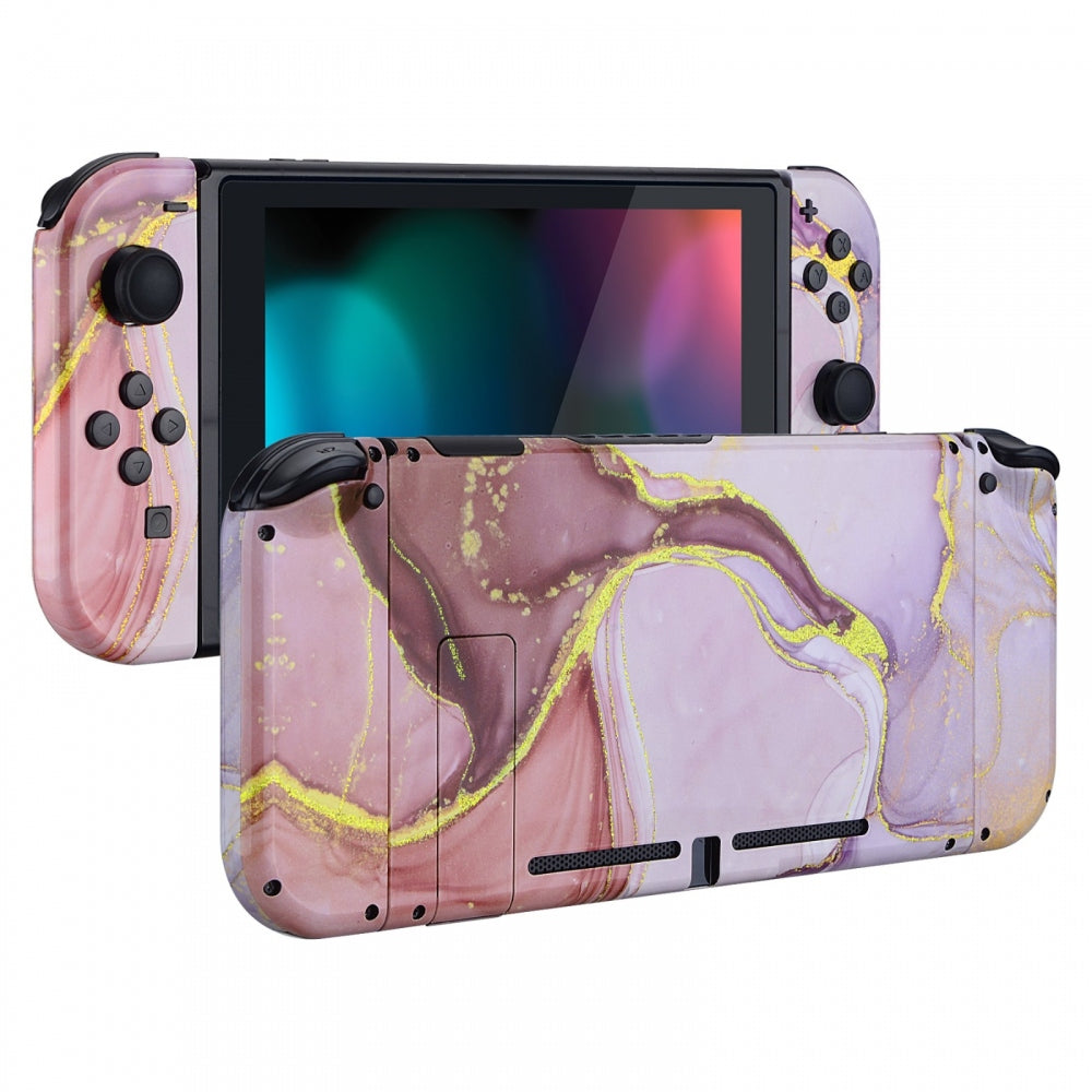 eXtremeRate Retail Back Plate for Nintendo Switch Console, NS Joycon Handheld Controller Housing with Full Set Buttons, Cosmic Pink Gold Marble Effect DIY Replacement Shell for Nintendo Switch - QT115