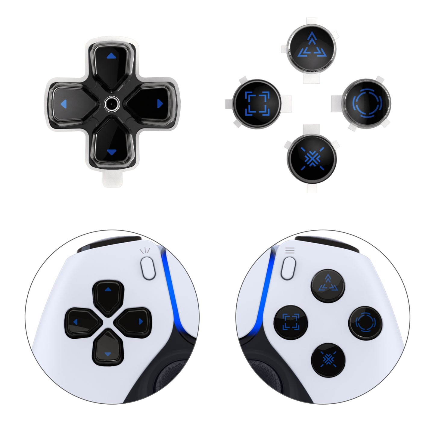 eXtremeRate Retail Replacement Custom Dpad Action Buttons Three-Tone Black & Clear With Black Blue Redesigned Symbols D-pad Face Buttons For ps5 Controller - JPFF004