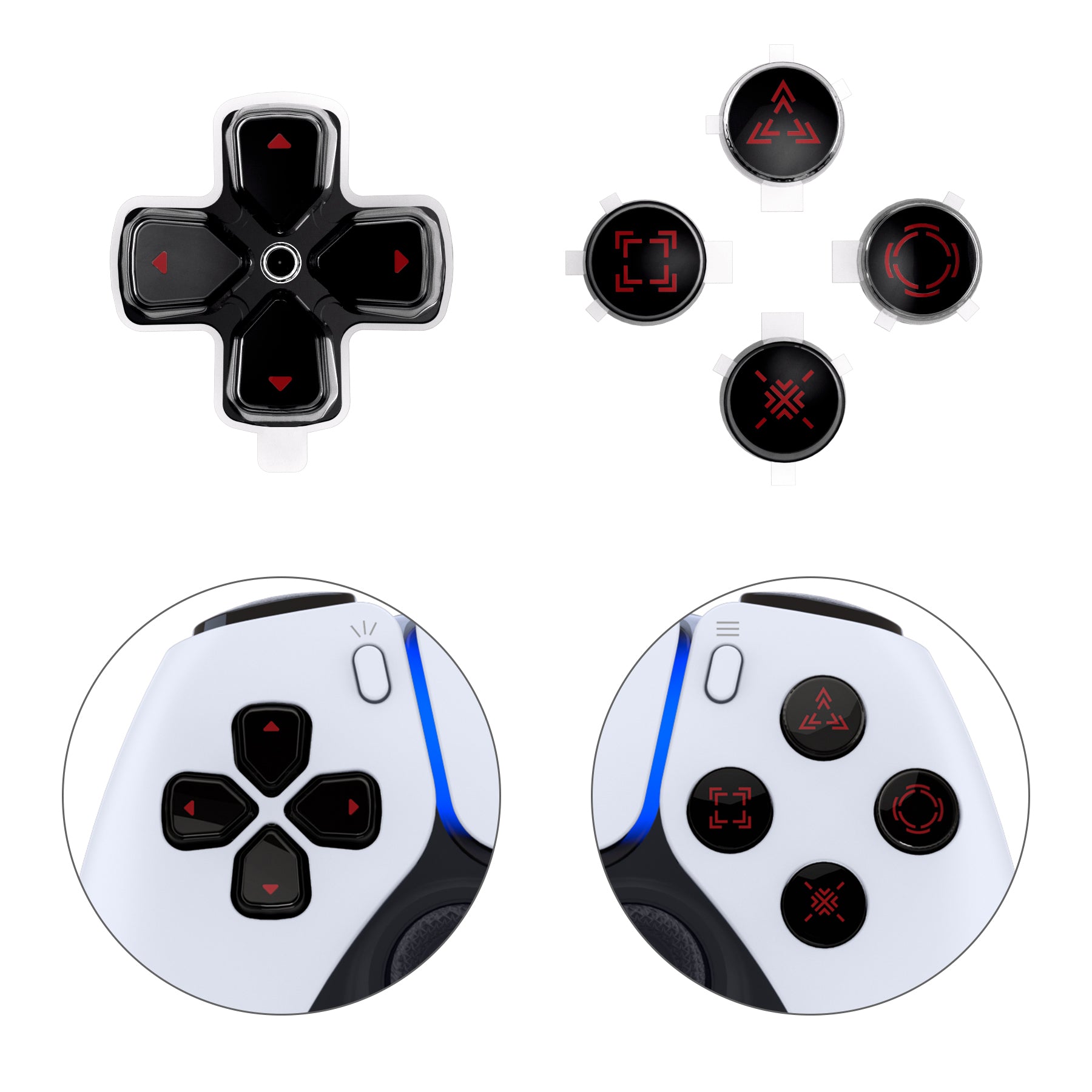 eXtremeRate Retail Replacement Custom Dpad Action Buttons Three-Tone Black & Clear With Black Carmine Red Redesigned Symbols D-pad Face Buttons For ps5 Controller - JPFF002