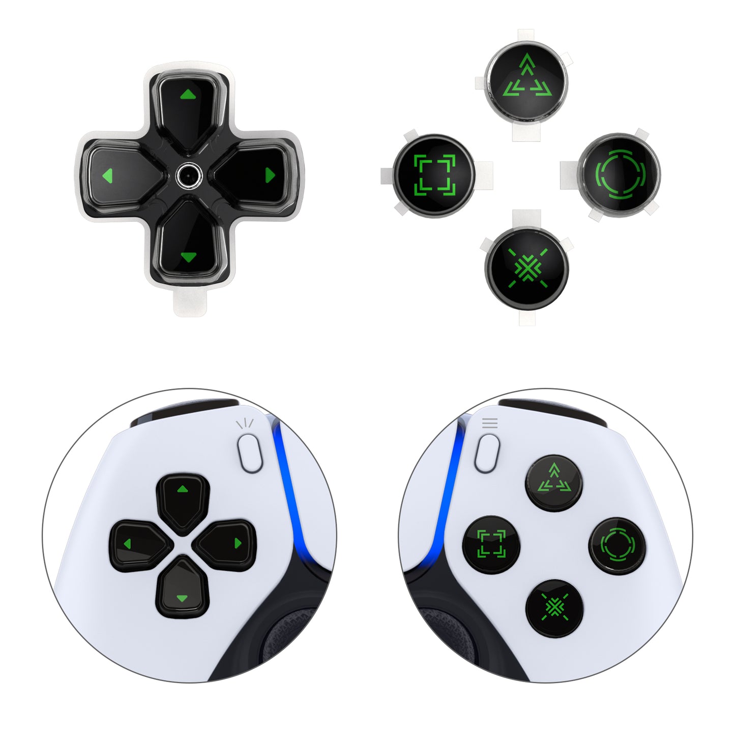 eXtremeRate Retail Replacement Custom Dpad Action Buttons Three-Tone Black & Clear With Black Green Redesigned Symbols D-pad Face Buttons For ps5 Controller - JPFF005