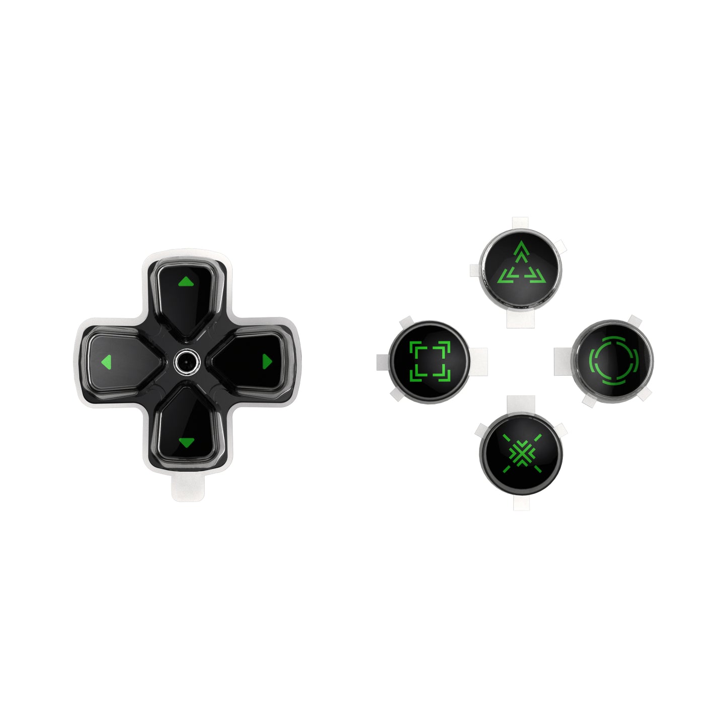 eXtremeRate Retail Replacement Custom Dpad Action Buttons Three-Tone Black & Clear With Black Green Redesigned Symbols D-pad Face Buttons For ps5 Controller - JPFF005