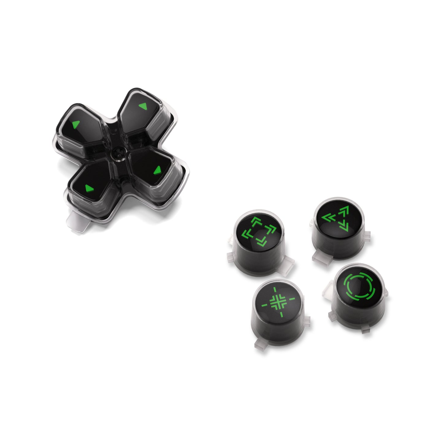 eXtremeRate Retail Replacement Custom Dpad Action Buttons Three-Tone Black & Clear With Black Green Redesigned Symbols D-pad Face Buttons For ps5 Controller - JPFF005