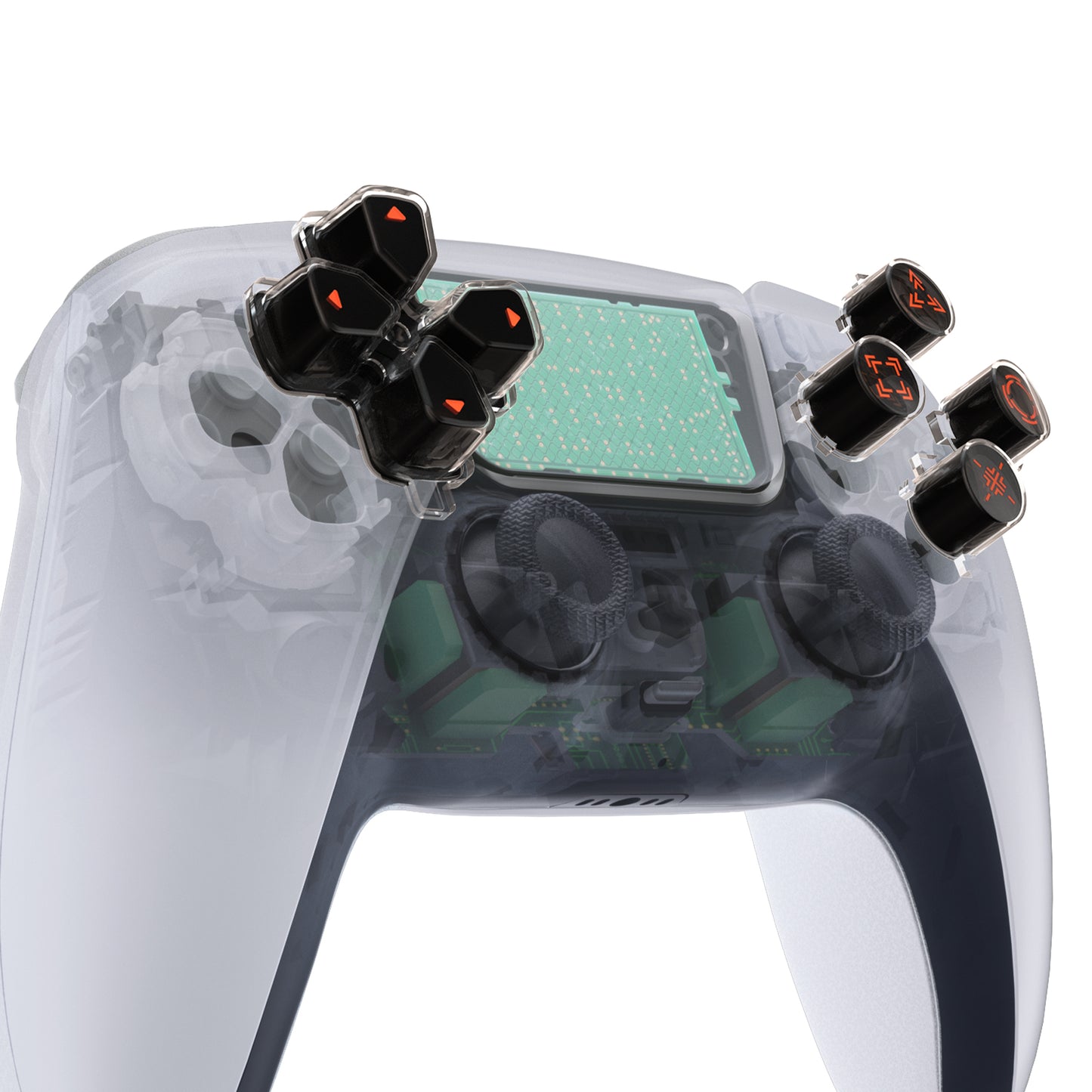 eXtremeRate Retail Replacement Custom Dpad Action Buttons Three-Tone Black & Clear With Black Orange Redesigned Symbols D-pad Face Buttons For ps5 Controller - JPFF003