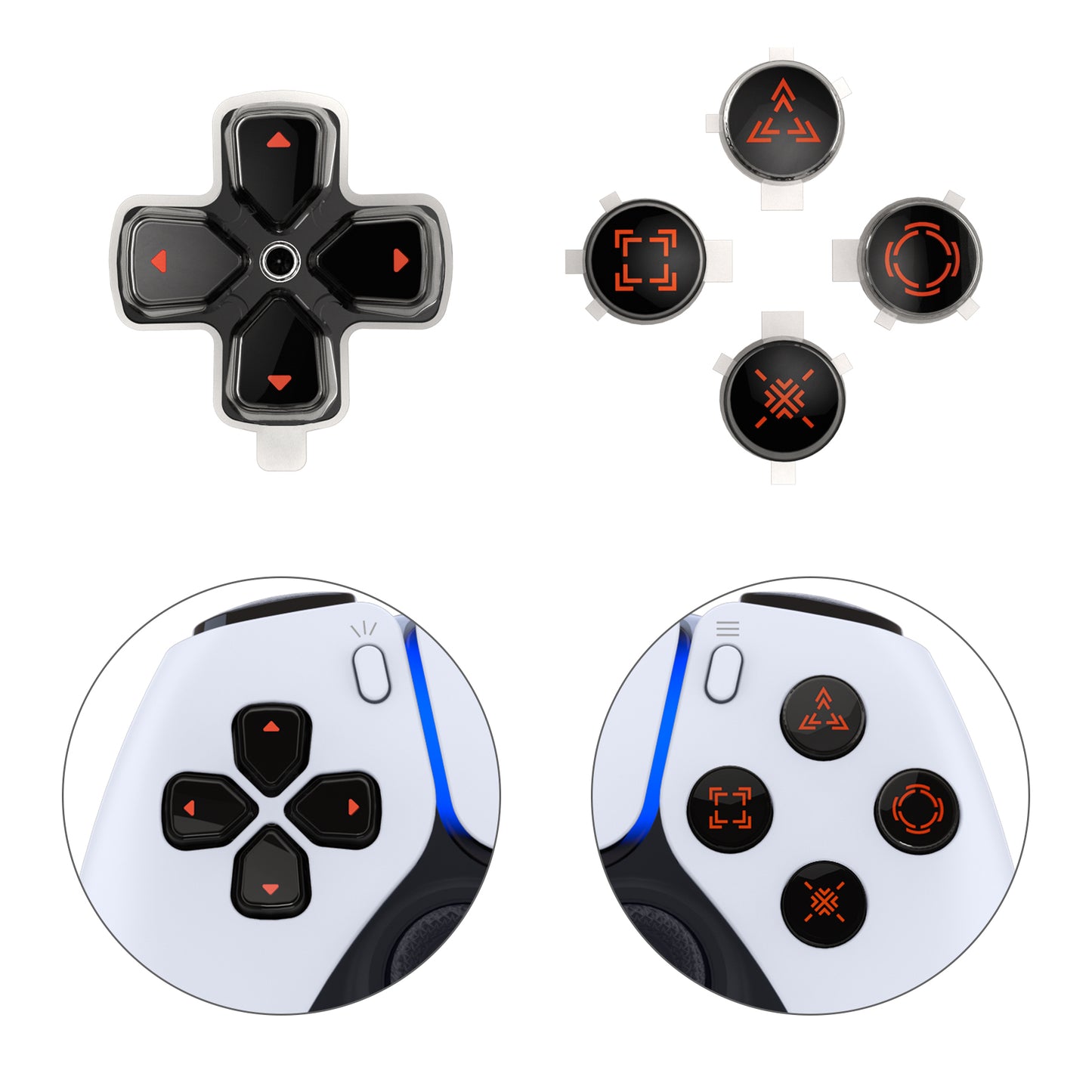 eXtremeRate Retail Replacement Custom Dpad Action Buttons Three-Tone Black & Clear With Black Orange Redesigned Symbols D-pad Face Buttons For ps5 Controller - JPFF003