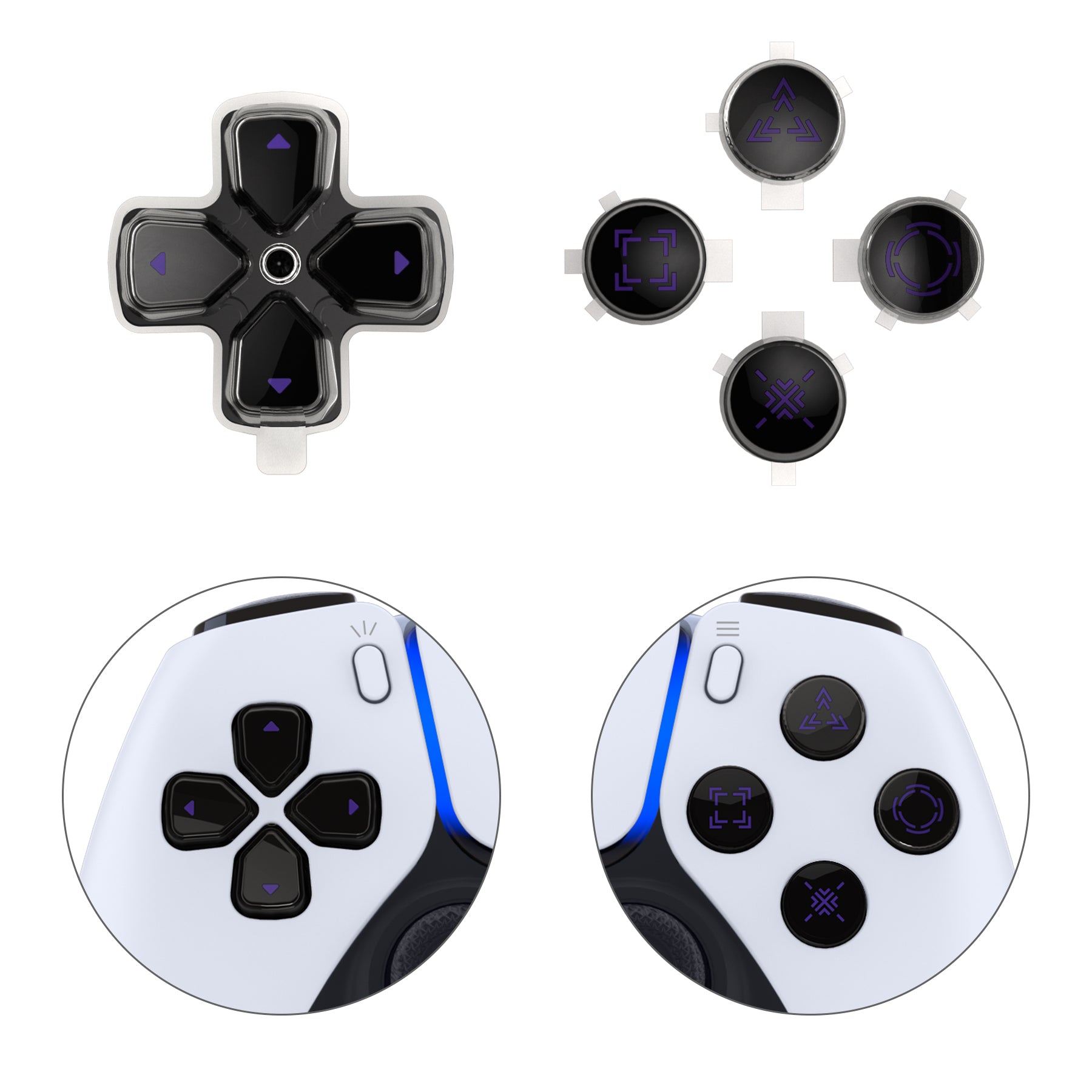 eXtremeRate Retail Replacement Custom Dpad Action Buttons Three-Tone Black & Clear With Black Purple Redesigned Symbols D-pad Face Buttons For ps5 Controller - JPFF006
