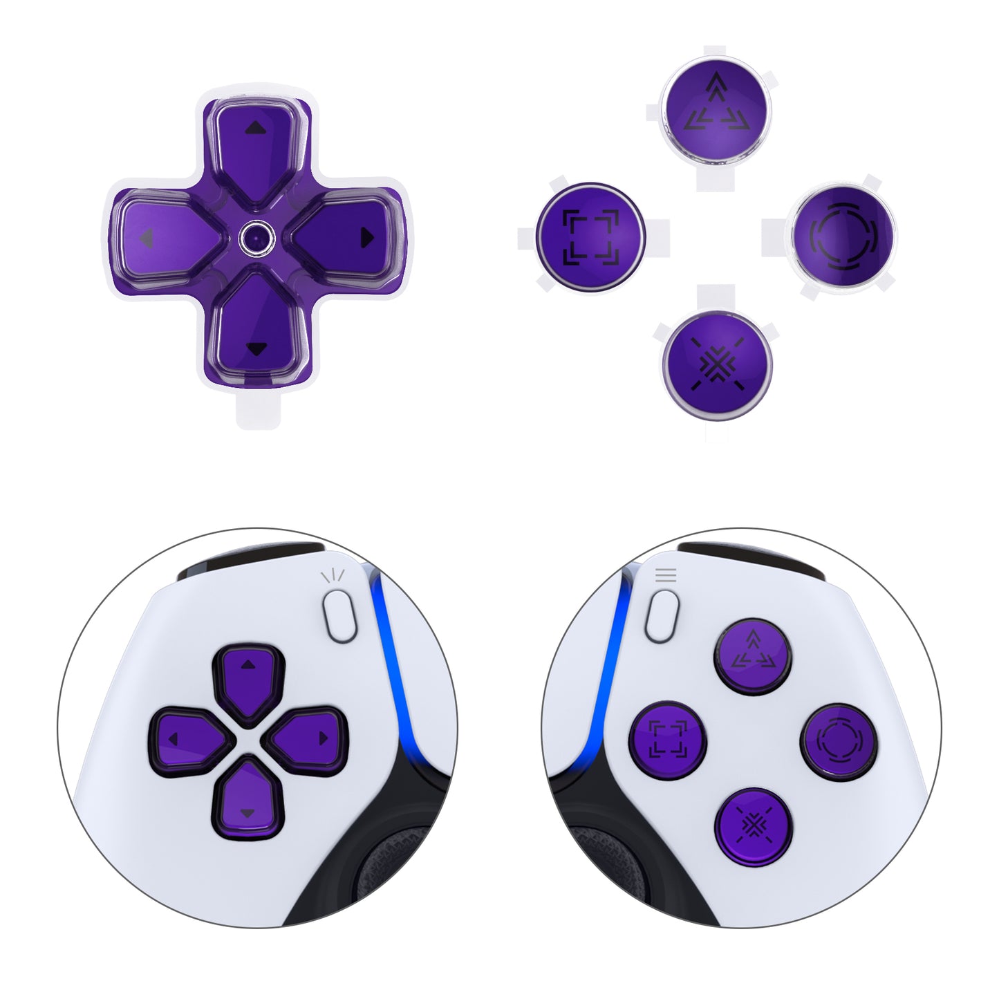 eXtremeRate Retail Replacement Custom Dpad Action Buttons Three-Tone Purple & Clear With Redesigned Symbols D-pad Face Buttons For ps5 Controller - JPFF007