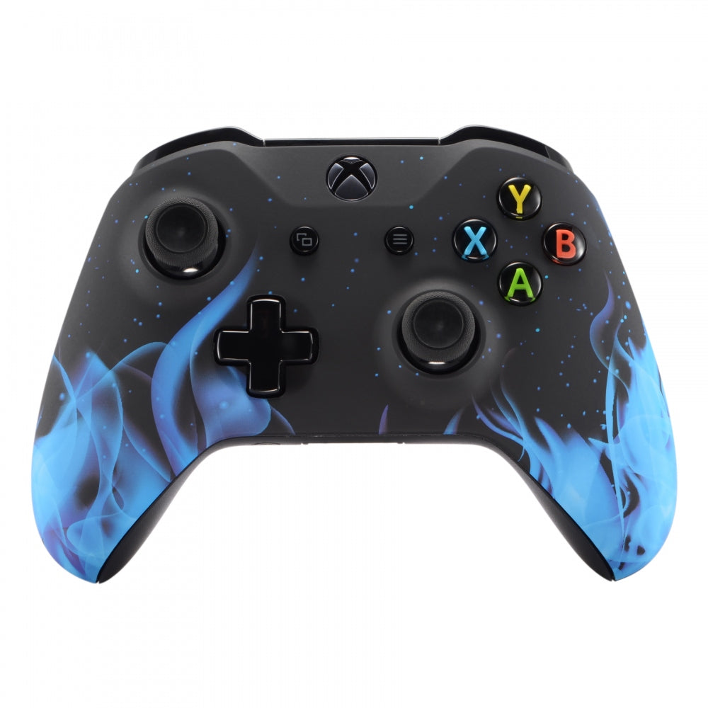 eXtremeRate Retail Blue Flame Faceplate Cover Soft Touch Front Housing Shell Comfortable Soft Grip Replacement Kit for Xbox One X & One S Controller - SXOFT12X