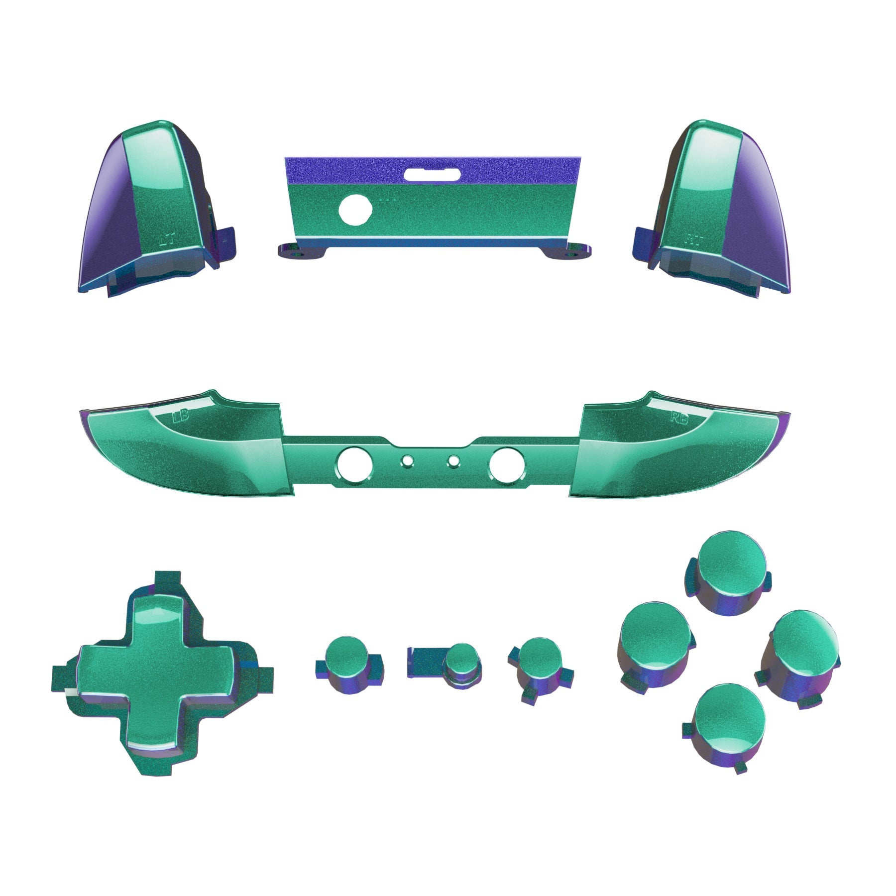 eXtremeRate Retail LB RB LT RT Bumpers Triggers D-Pad ABXY Start Back Sync Buttons, Chameleon Green Purple Full Set Buttons Repair Kits with Tools for Xbox One S X Controller (Model 1708) - SXOJ0222