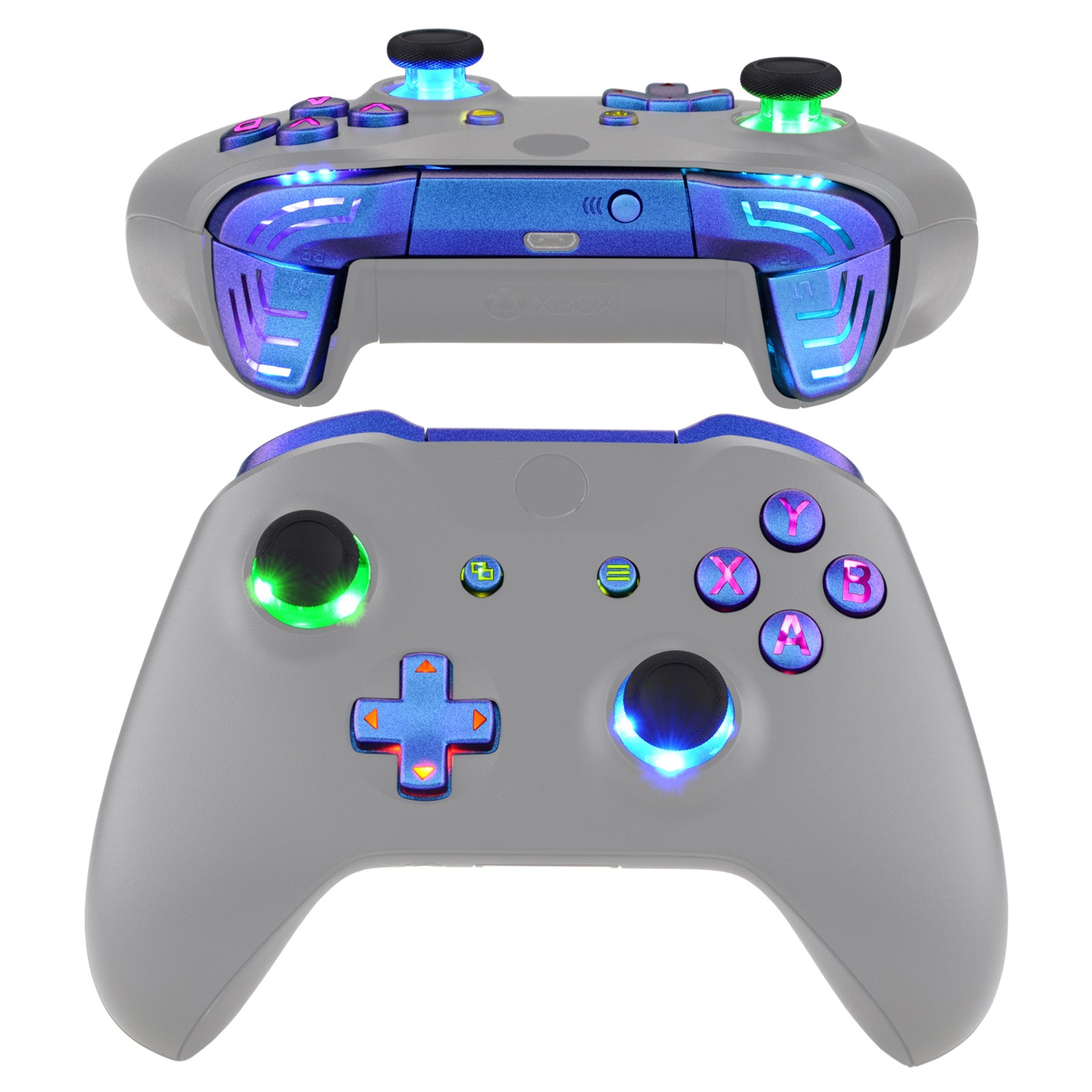 eXtremeRate Retail Chameleon Purple Blue Multi-Colors Luminated Dpad Thumbsticks Start Back ABXY Action Buttons, Classical Symbols Buttons DTFS (DTF 2.0) LED Kit for Xbox One S/X Controller - Controller NOT Included - X1LED05
