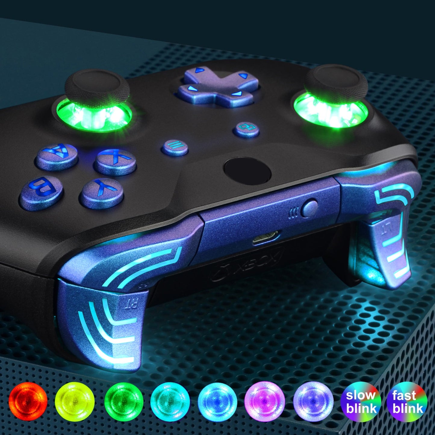 eXtremeRate Retail Chameleon Purple Blue Multi-Colors Luminated Dpad Thumbsticks Start Back ABXY Action Buttons, Classical Symbols Buttons DTFS (DTF 2.0) LED Kit for Xbox One S/X Controller - Controller NOT Included - X1LED05