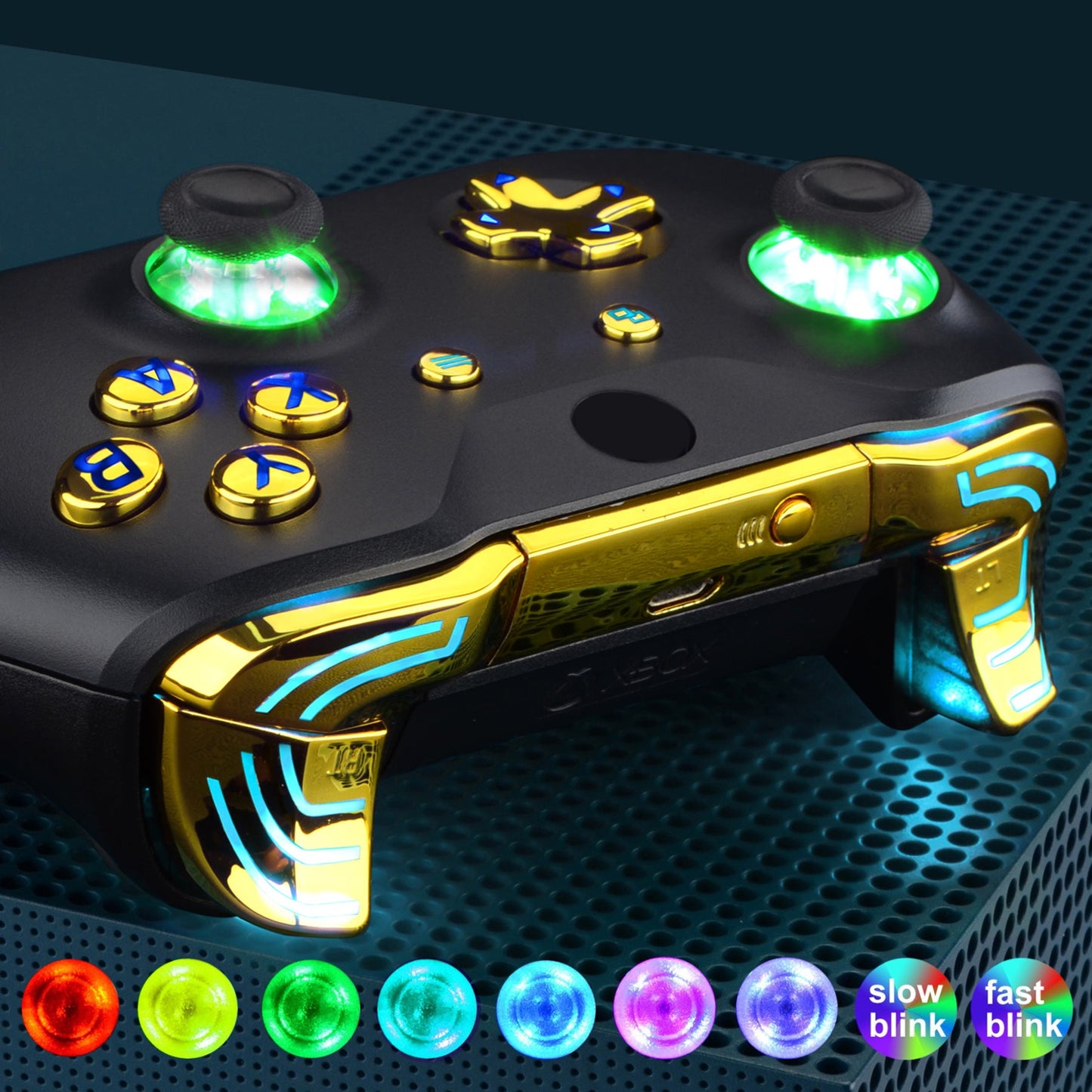 eXtremeRate Retail Chrome Gold Multi-Colors Luminated Dpad Thumbsticks Start Back ABXY Action Buttons, Classical Symbols Buttons DTFS (DTF 2.0) LED Kit for Xbox One S/X Controller - Controller NOT Included - X1LED08