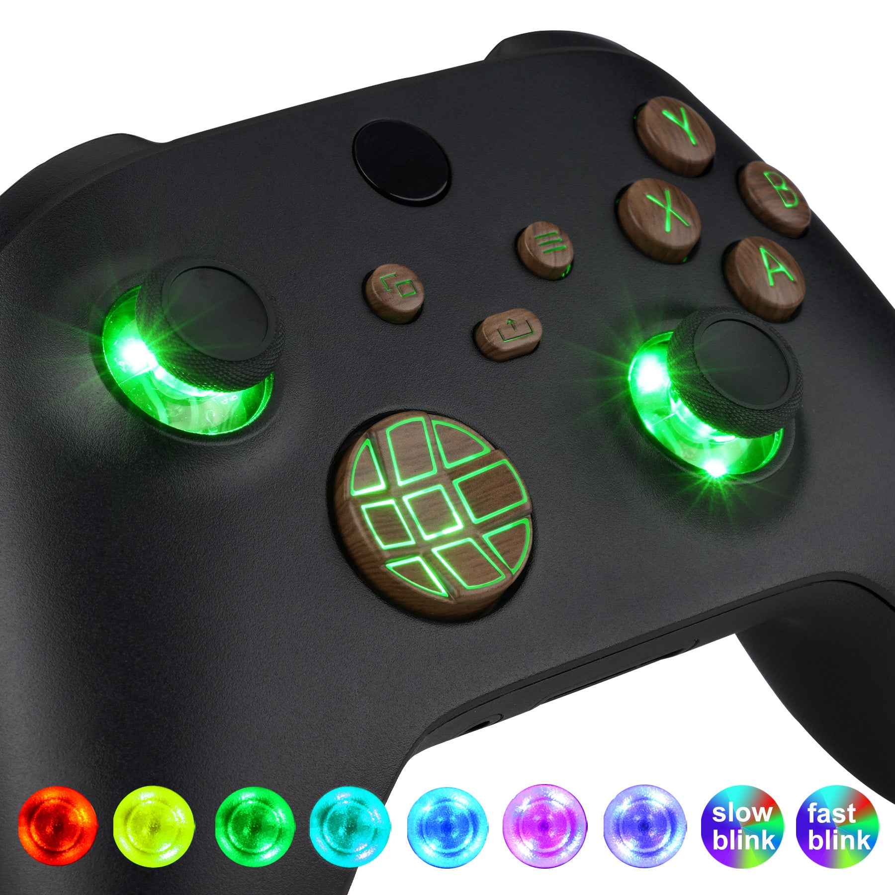 eXtremeRate Retail Multi-Colors Luminated Dpad Thumbsticks Start Back Sync ABXY Buttons for Xbox Series X/S Controller, Wood Grain Buttons DTF LED Kit for Xbox Core Controller - X3LED10