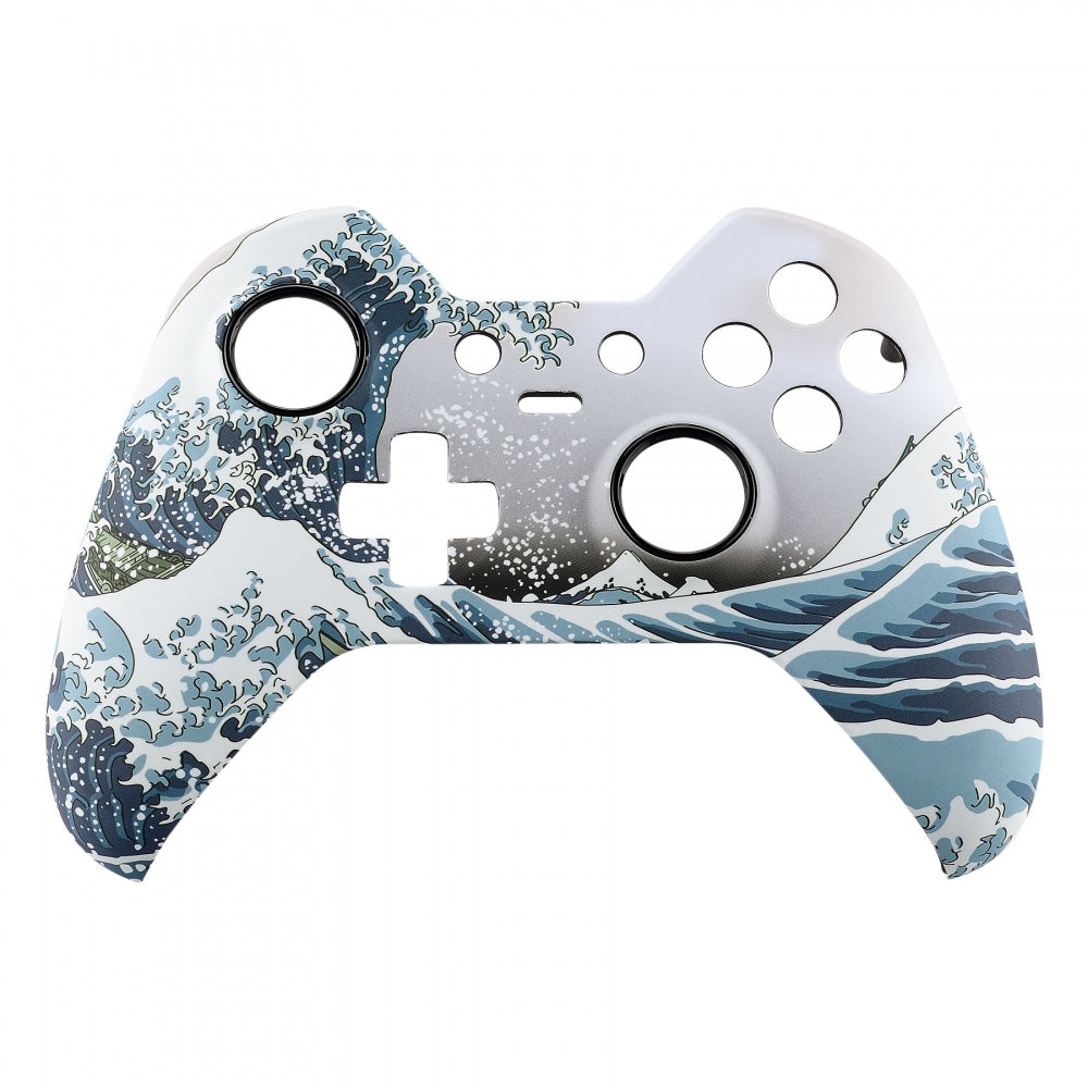 eXtremeRate Retail The Great Wave Patterned Soft Touch Front Housing Shell Faceplate for Xbox One Elite Controller Model 1698 with Thumbstick Accent Rings - XOET015