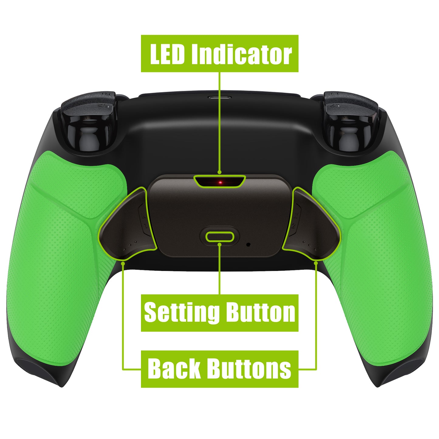 eXtremeRate Retail Black Real Metal Buttons (RMB) Version RISE 2.0 Remap Kit with Green Rubberized Grip Back Shell & Upgraded Remappable Back Buttons Attachment for PS5 Controller BDM-010 & BDM-020 - XPFJ7008