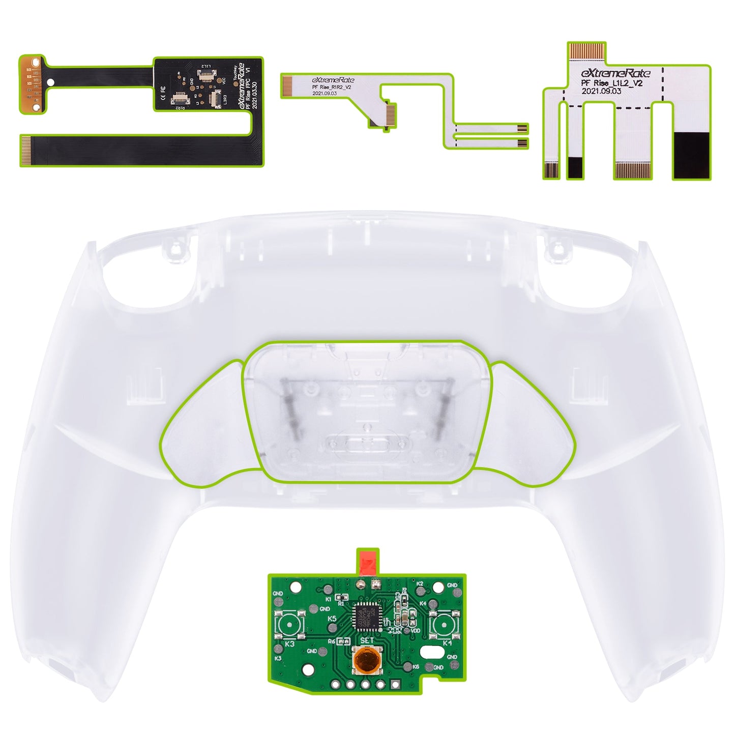 eXtremeRate Retail Clear Back Paddles Remappable Rise Remap Kit for ps5 Controller with Upgrade Board & Redesigned Back Shell & Back Buttons Attachment for ps5 Controller BDM-010 & BDM-020 - XPFM5001G2
