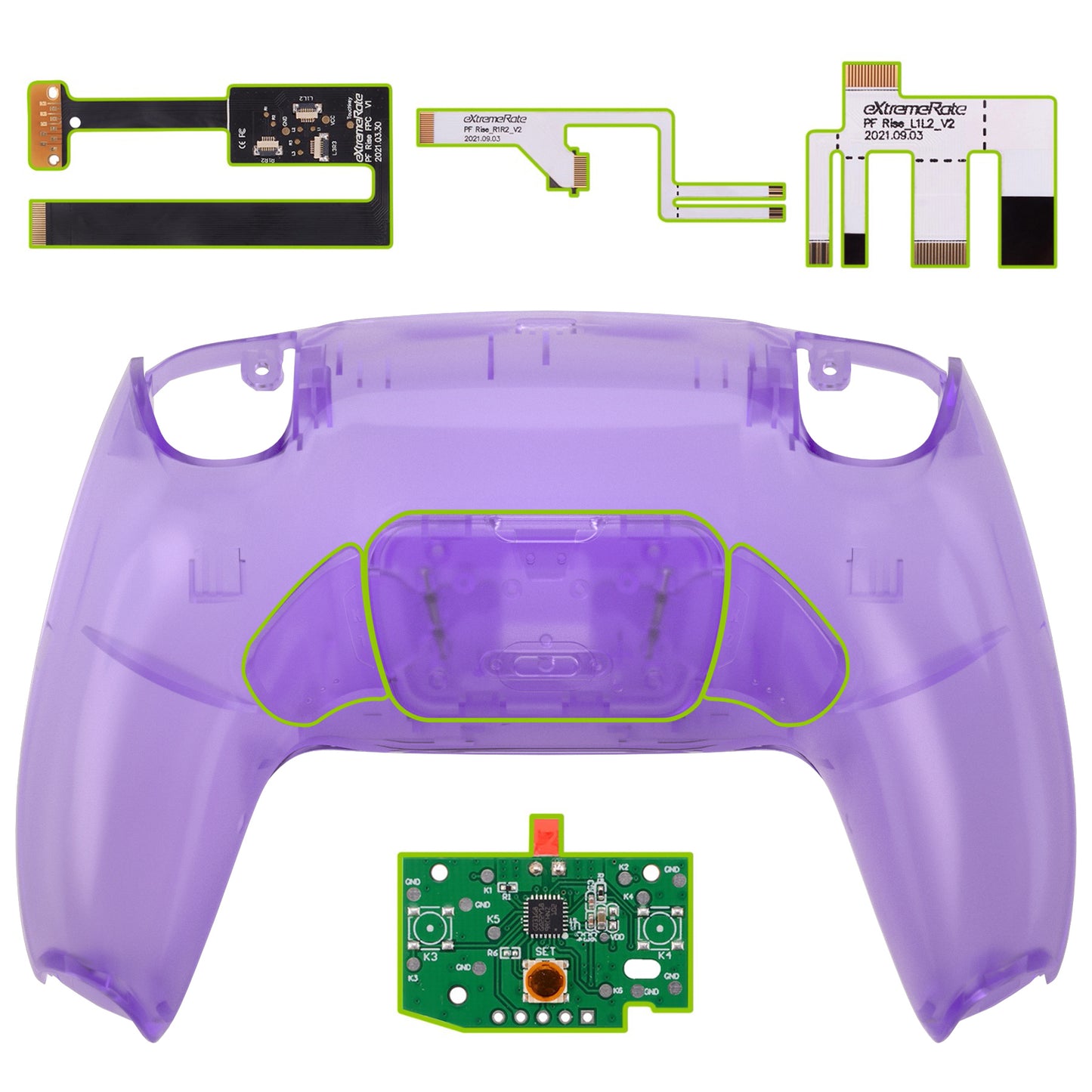 eXtremeRate Retail Clear Atomic Purple Back Paddles Remappable Rise Remap Kit with Upgrade Board & Redesigned Back Shell & Back Buttons Attachment for ps5 Controller BDM-010 & BDM-020 - XPFM5002G2