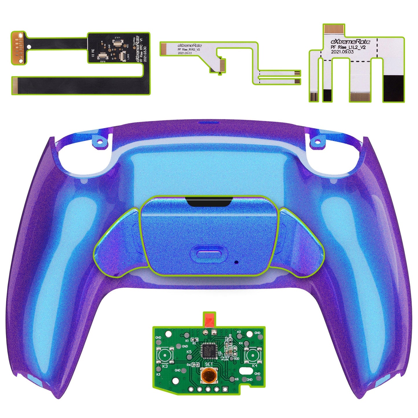 eXtremeRate Retail Chameleon Purple Blue Back Paddles Remappable Rise Remap Kit with Upgrade Board & Redesigned Back Shell & Back Buttons Attachment for ps5 Controller BDM-010 & BDM-020 - XPFP3001G2