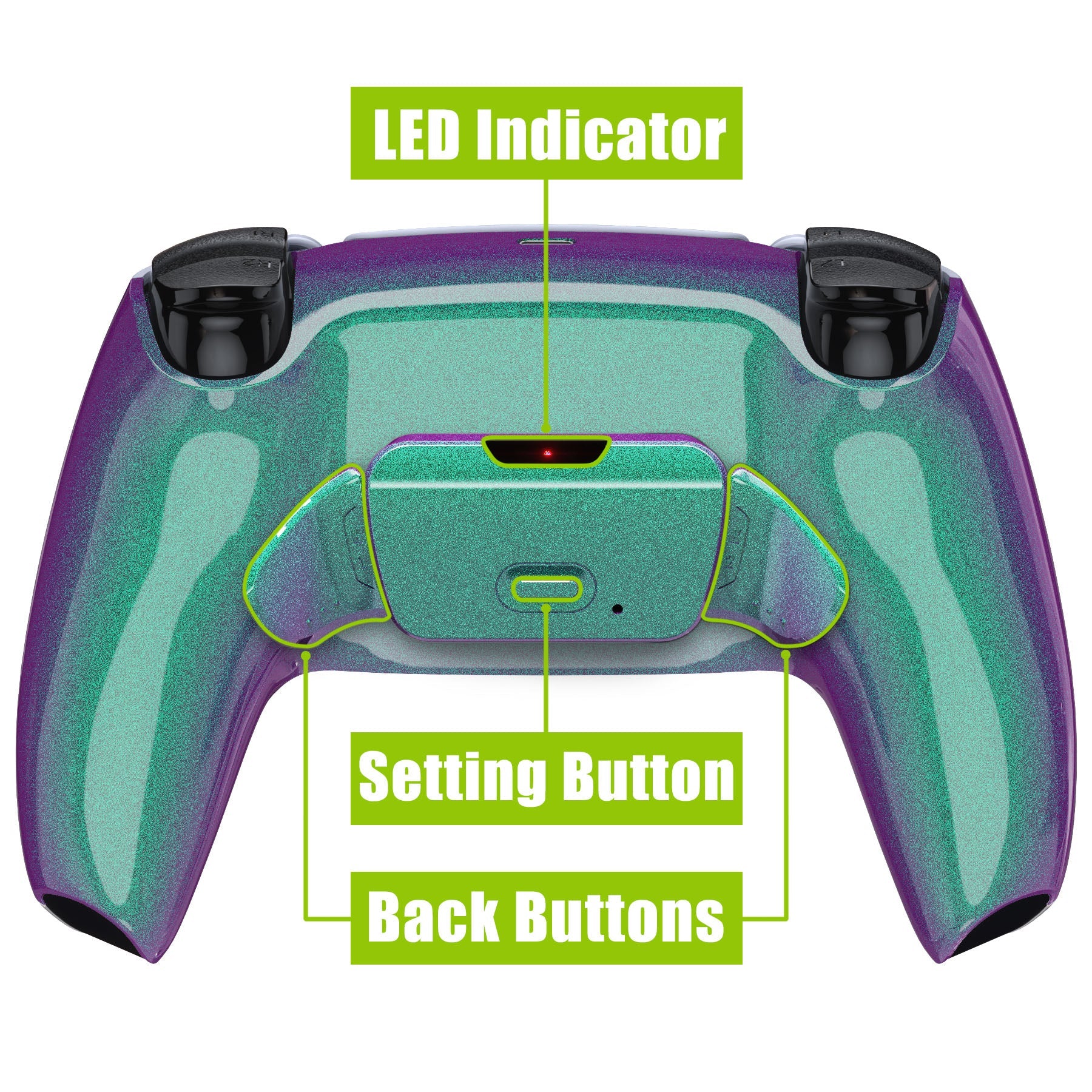 eXtremeRate Retail Chameleon Green Purple Back Paddles Remappable Rise Remap Kit with Upgrade Board & Redesigned Back Shell & Back Buttons Attachment for ps5 Controller BDM-010 & BDM-020 - XPFP3002G2