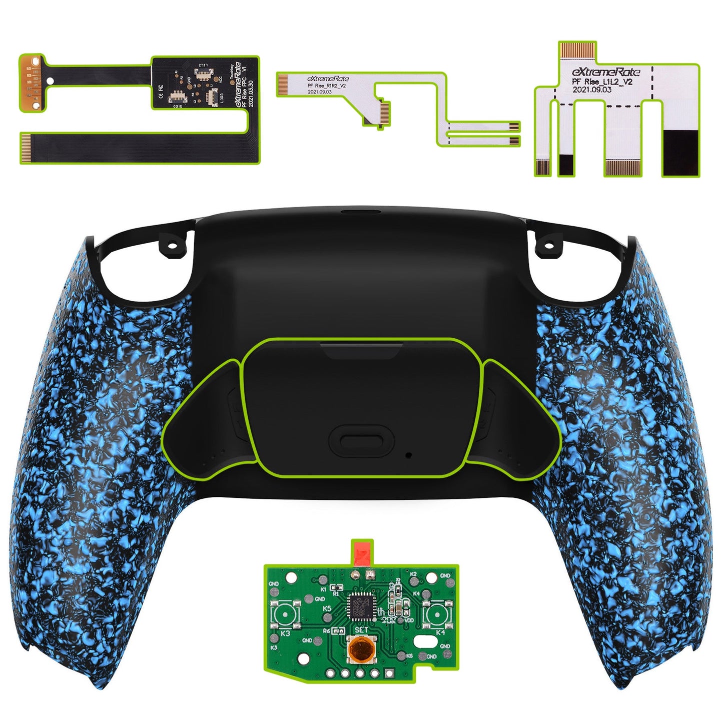eXtremeRate Retail Textured Blue Back Paddles Remappable Rise Remap Kit with Upgrade Board & Redesigned Back Shell & Back Buttons Attachment for ps5 Controller BDM-010 & BDM-020 - XPFP3043G2