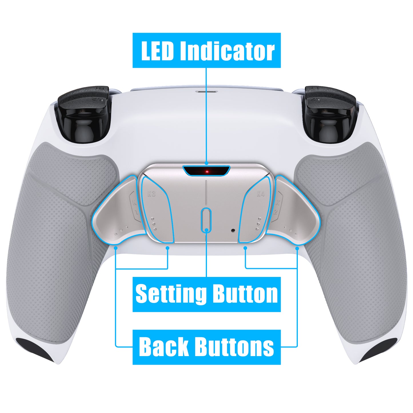 eXtremeRate Retail Silver Real Metal Buttons (RMB) Version RISE4 Remap Kit for PS5 Controller BDM-030 with Gray Rubberized Grip White Redesigned Back Shell, Upgrade Board & 4 Back Buttons for PS5 Controller - YPFJ7009G3