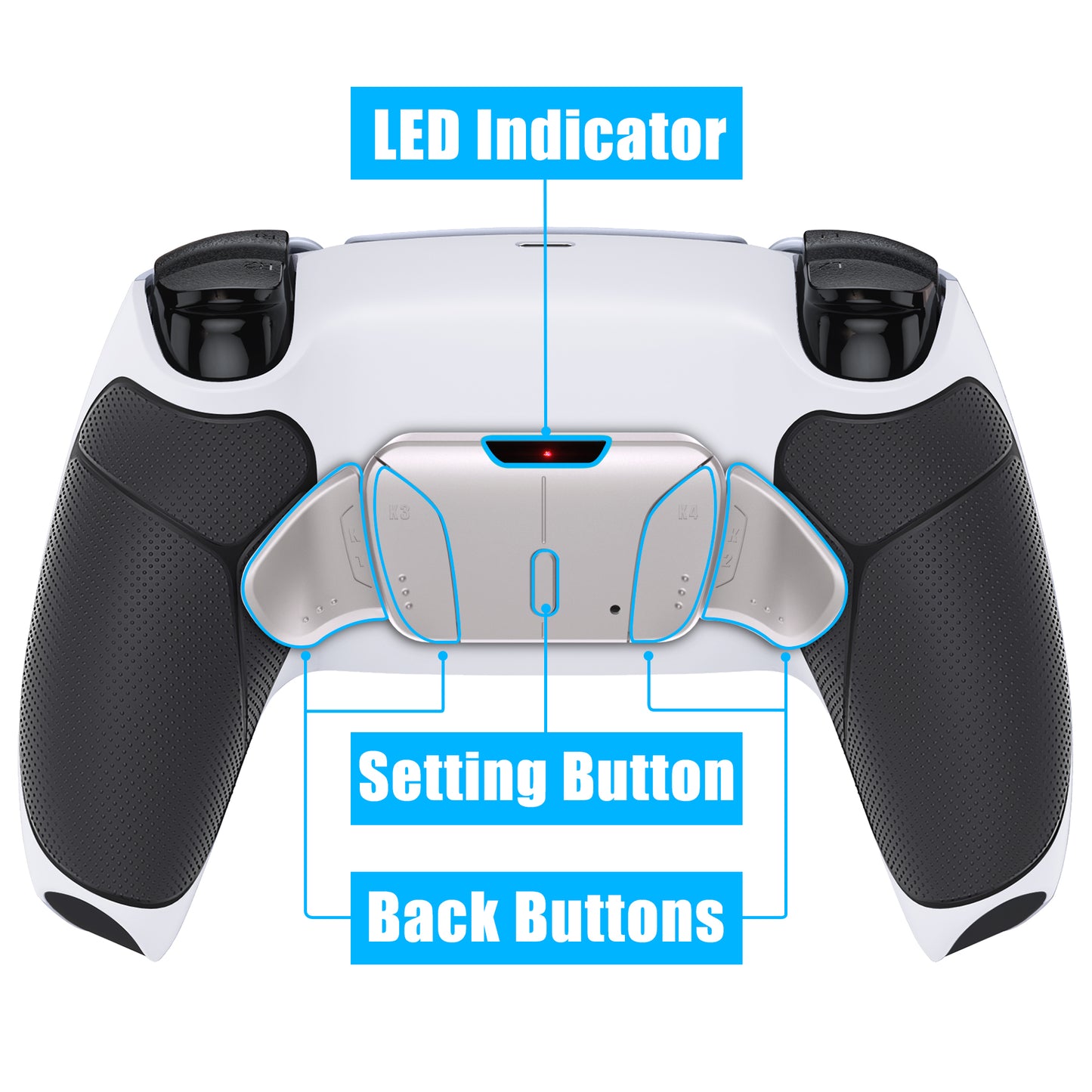 eXtremeRate Retail Silver Real Metal Buttons (RMB) Version RISE4 Remap Kit for PS5 Controller BDM-030 with White Black Rubberized Redesigned Back Shell, Upgrade Board & 4 Back Buttons for PS5 Controller - YPFJ7010G3