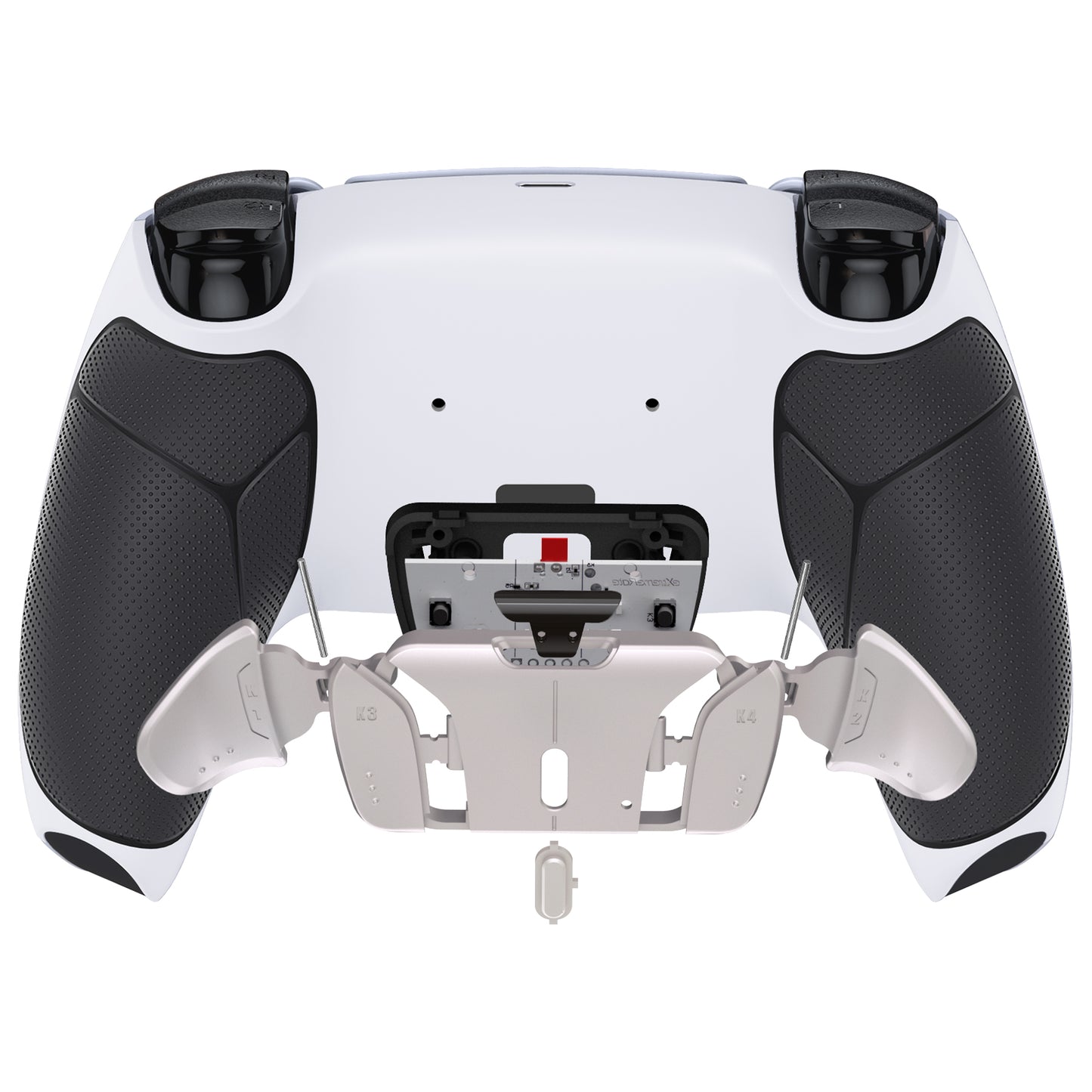 eXtremeRate Retail Silver Real Metal Buttons (RMB) Version RISE4 Remap Kit for PS5 Controller BDM-030 with White Black Rubberized Redesigned Back Shell, Upgrade Board & 4 Back Buttons for PS5 Controller - YPFJ7010G3