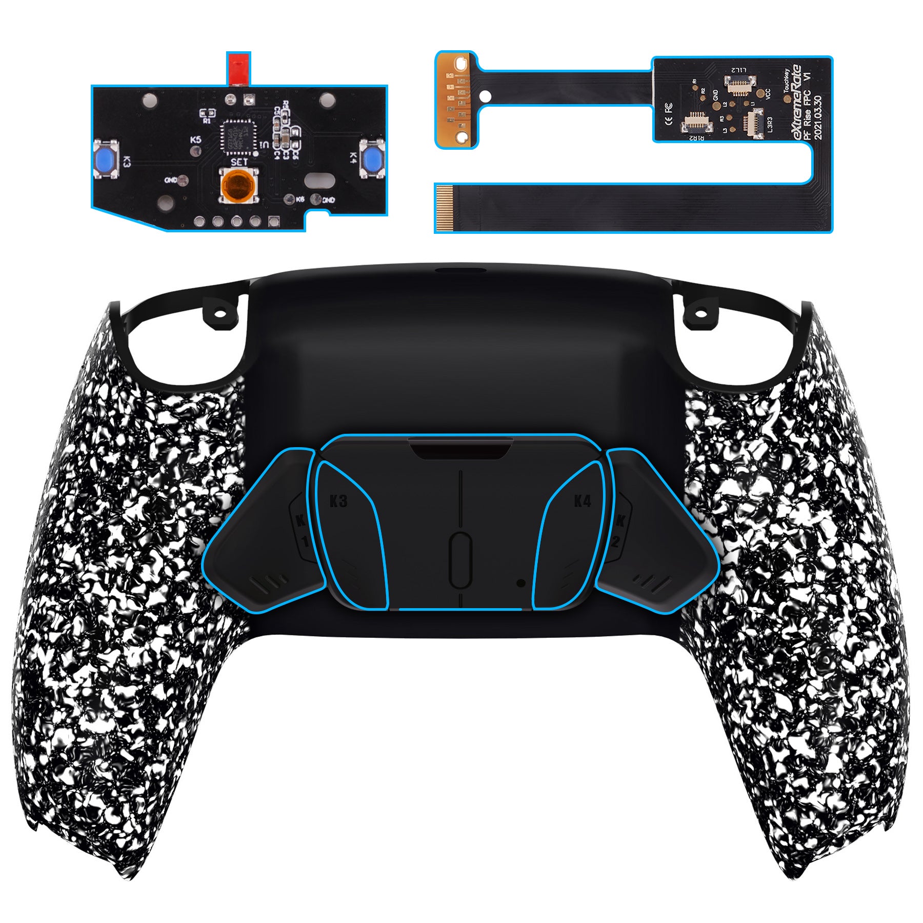 eXtremeRate Retail Textured White Remappable RISE 4.0 Remap Kit for ps5 Controller BDM 010 & BDM 020, Upgrade Board & Redesigned Back Shell & 4 Back Buttons for ps5 Controller - Controller NOT Included - YPFP3003