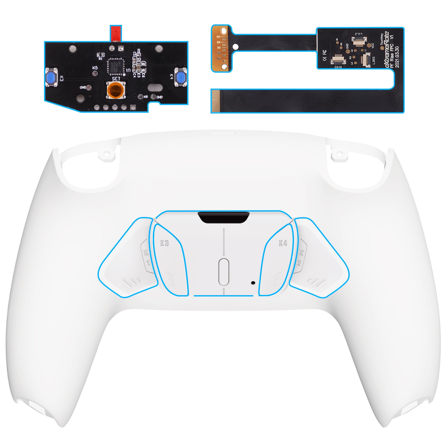 eXtremeRate Retail White Remappable RISE 4.0 Remap Kit for ps5 Controller BDM 010 & BDM 020, Upgrade Board & Redesigned Back Shell & 4 Back Buttons for ps5 Controller - Controller NOT Included - YPFP3006