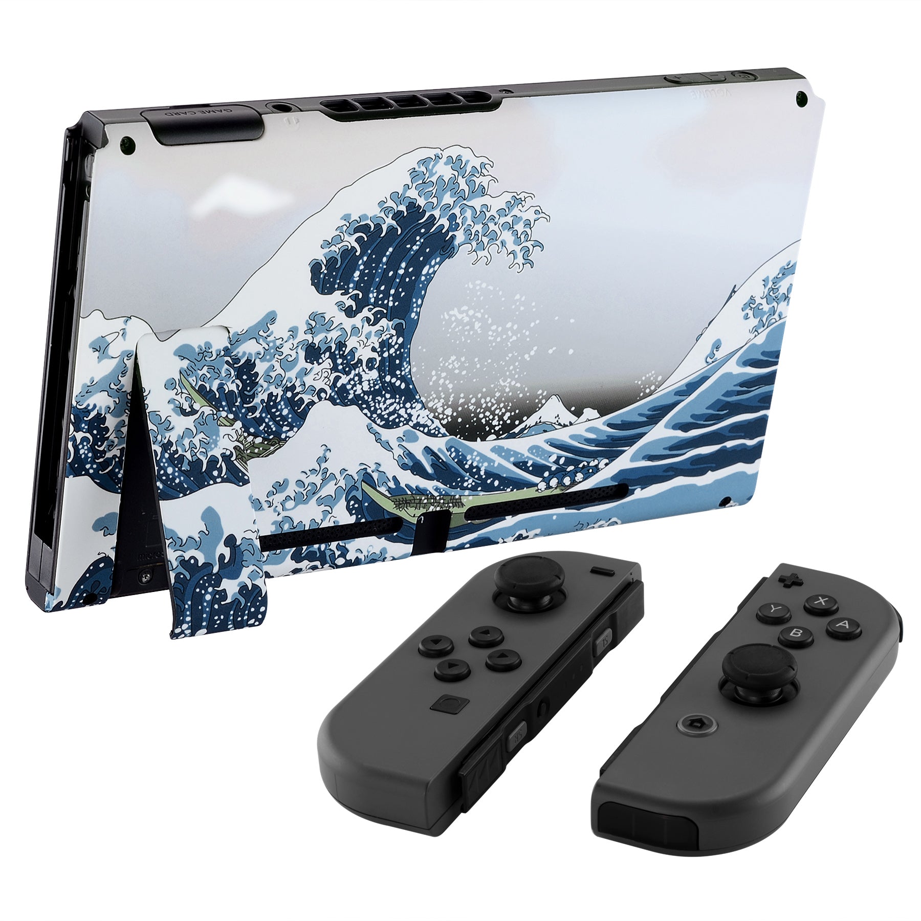 eXtremeRate Retail Soft Touch Grip The Great Wave Console Back Plate DIY Replacement Housing Shell Case for Nintendo Switch Console with Kickstand-JoyCon Shell NOT Included-ZT101